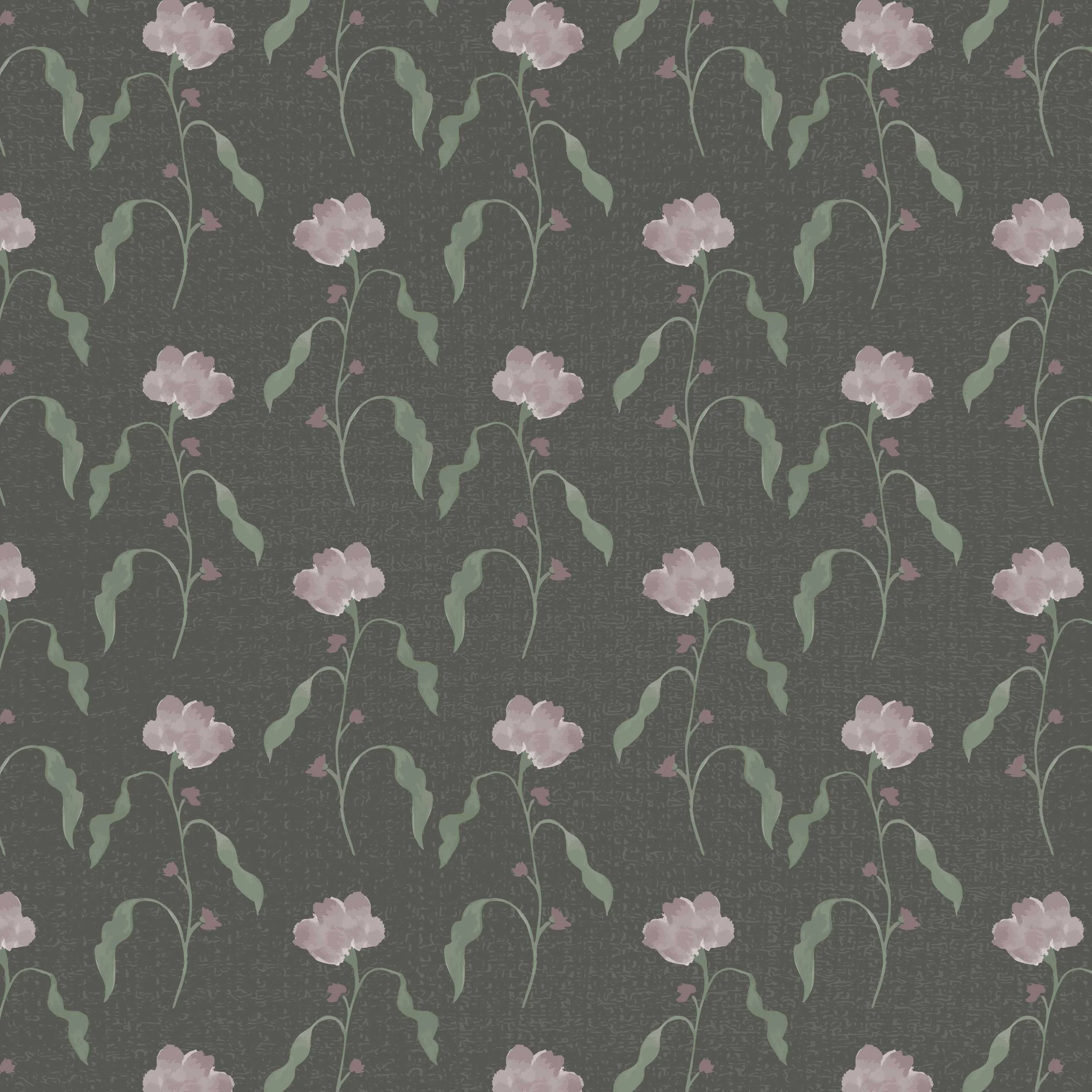 A seamless pattern of light pink flowers with green leaves on a dark textured background.