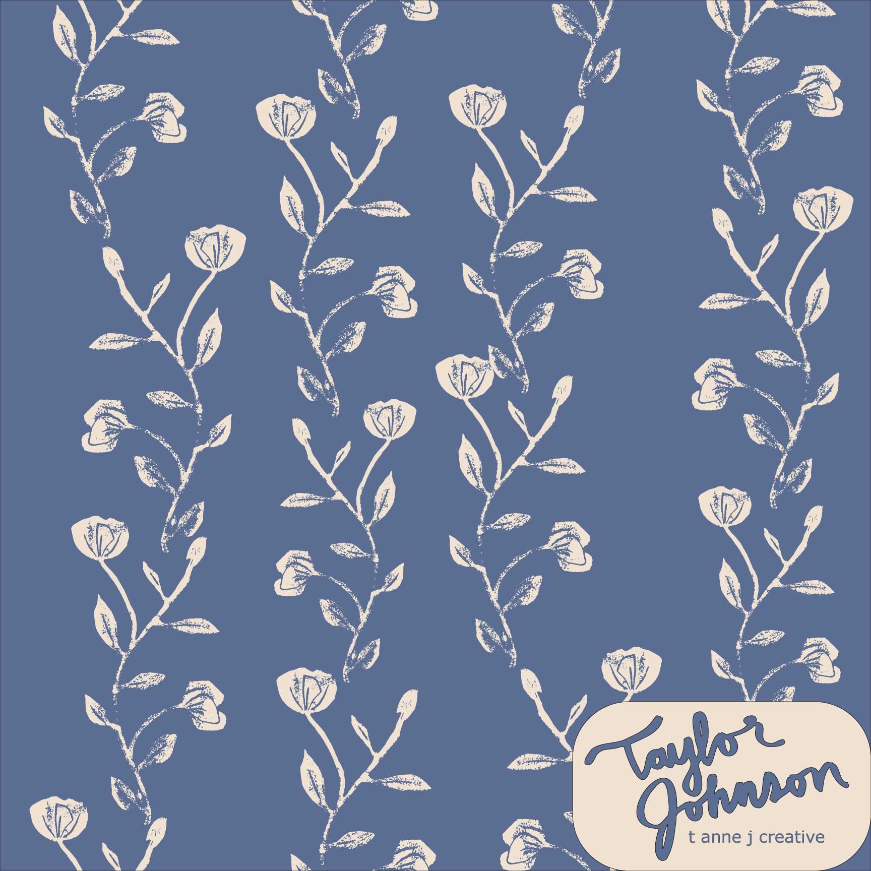 Pattern of white hand-drawn flower and leaf illustrations on a blue background, with the name 'Taylor Johnson' and 't anne j creative' written in script and text in the bottom right corner.
