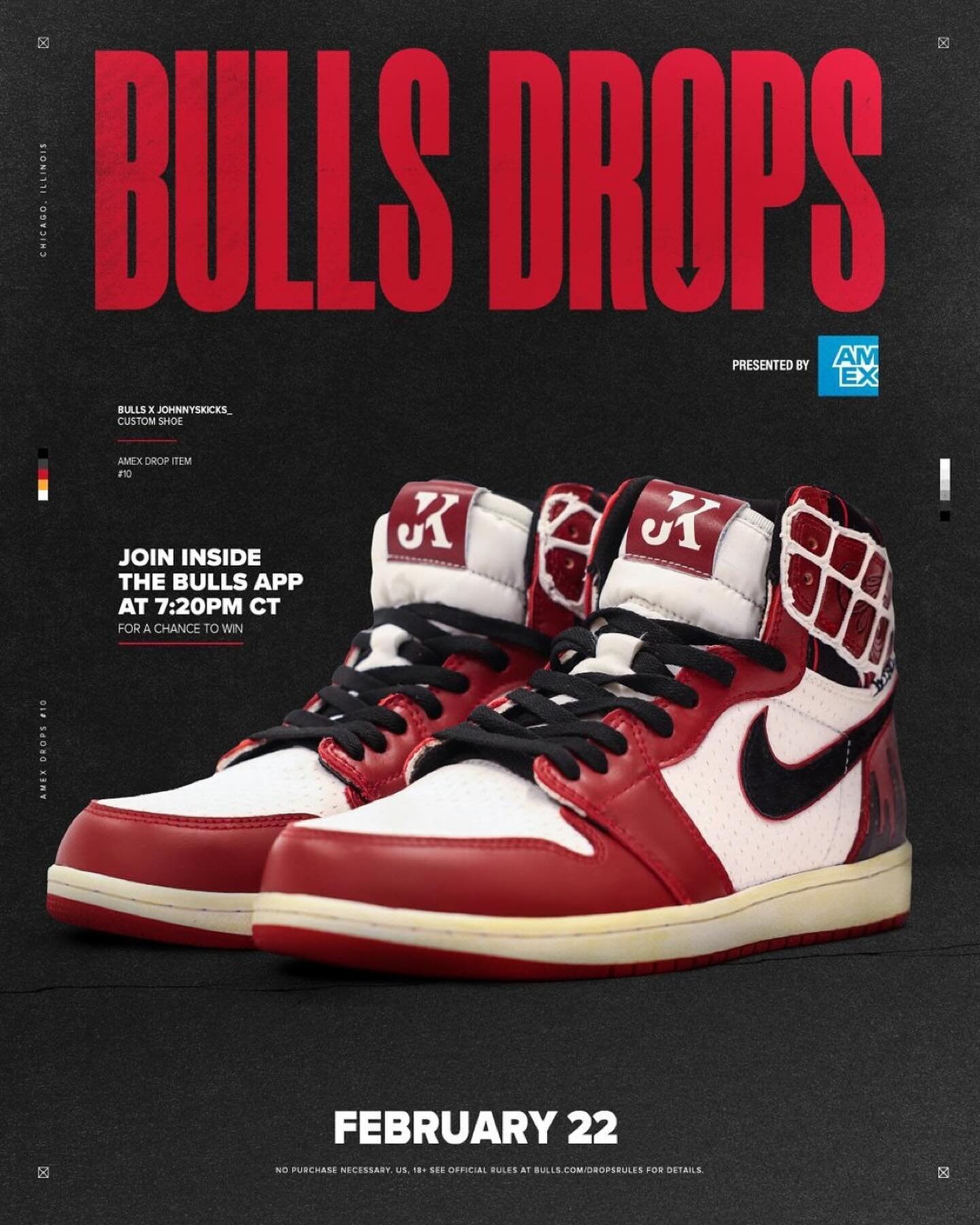The Chicago Bulls and American Express have had incredible success partnering on a series of exclusive drops giving fans who log in to the Bulls mobile app an opportunity to wear custom designed shoes, gear, giveaways and more at the intersection of 