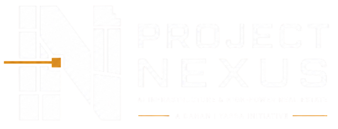 Logo for Project Nexus, an AI infrastructure and high-power real estate initiative, with a stylized N and text detailing the project and partnership with Dahan and Yassa.