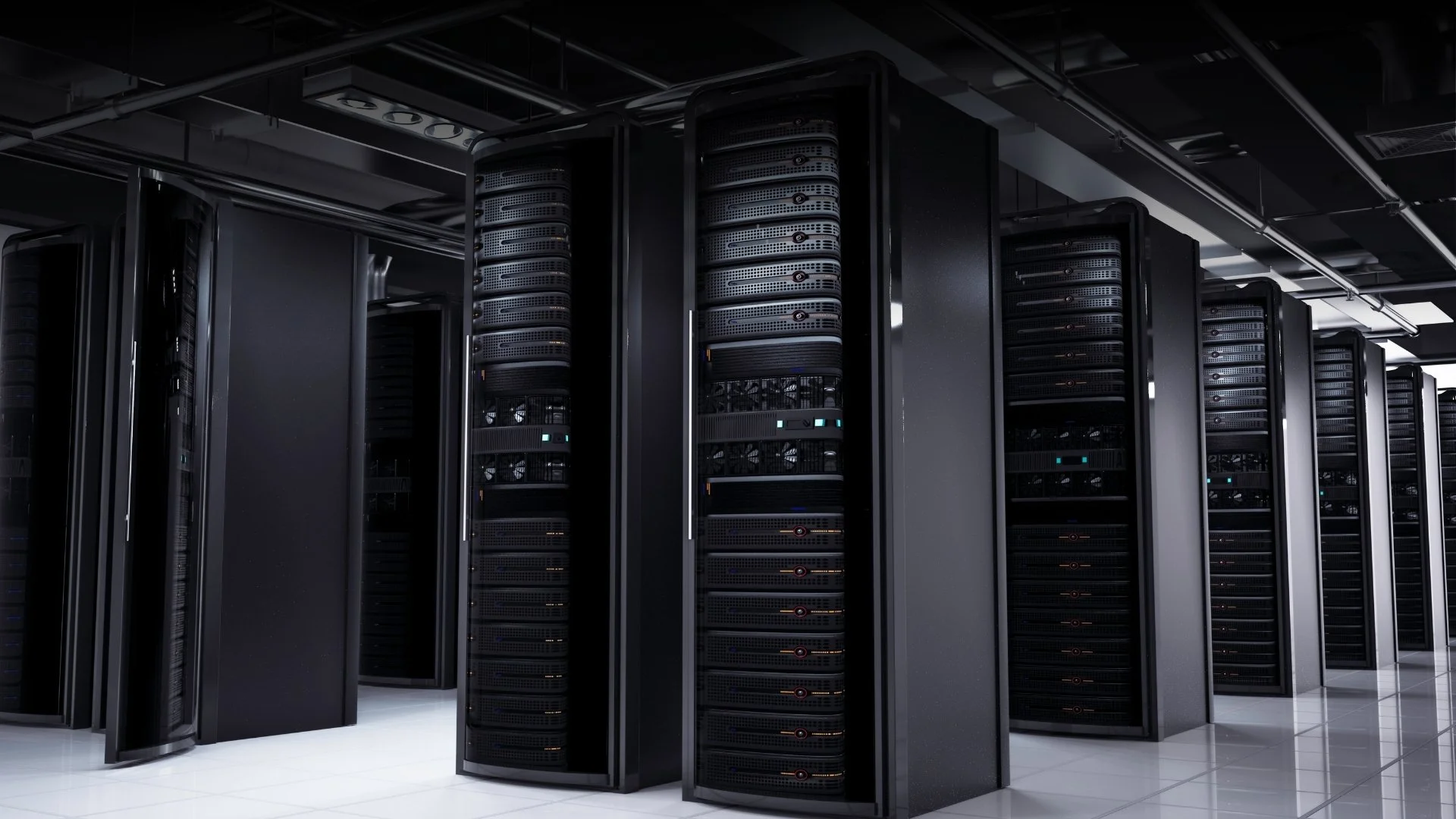 Server racks in a data center with black and gray hardware