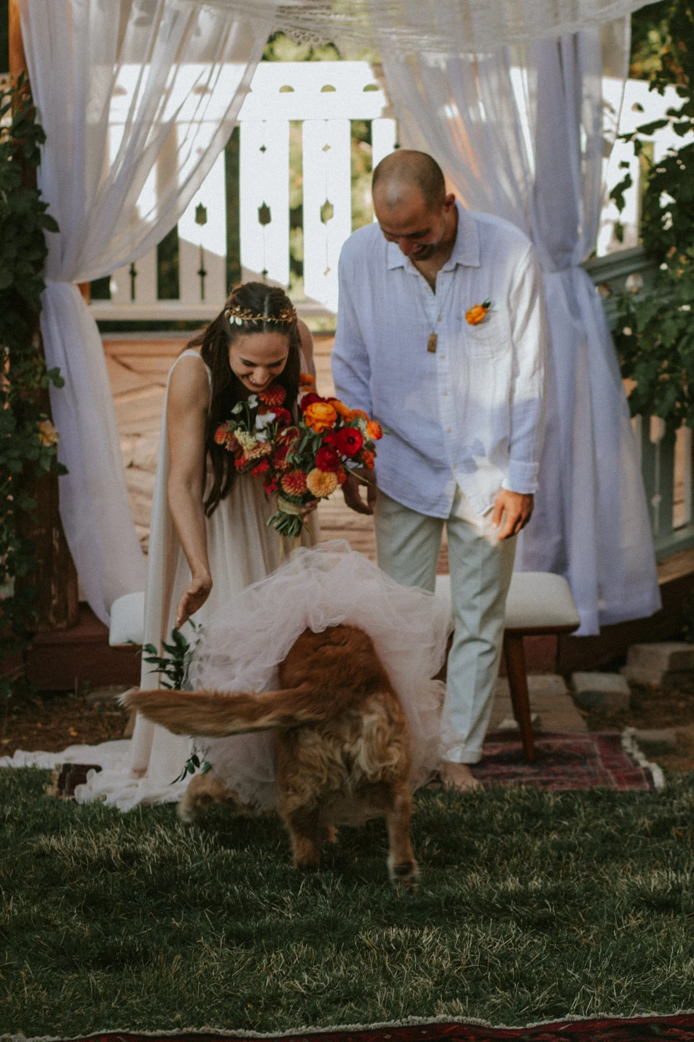 wedding day - the couple is petting their dog who is dressed in a nice pink skirt. the dog is the ringbarrier
