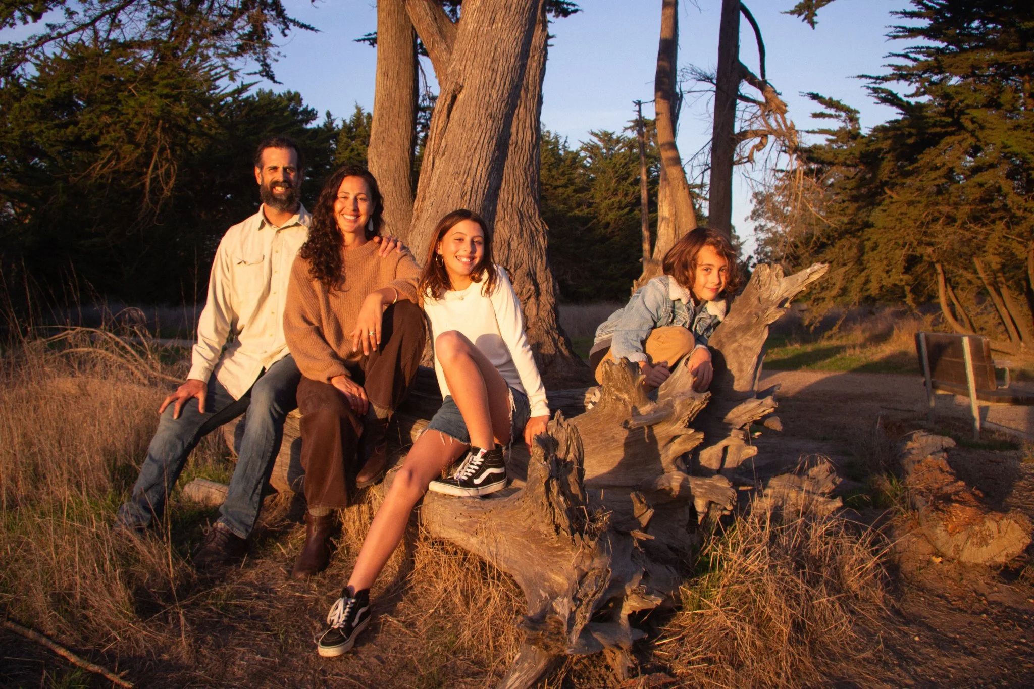 family photo shoot - A family of four sitting on a large fallen tree in a forest at sunset, smiling and enjoying their time outdoor.