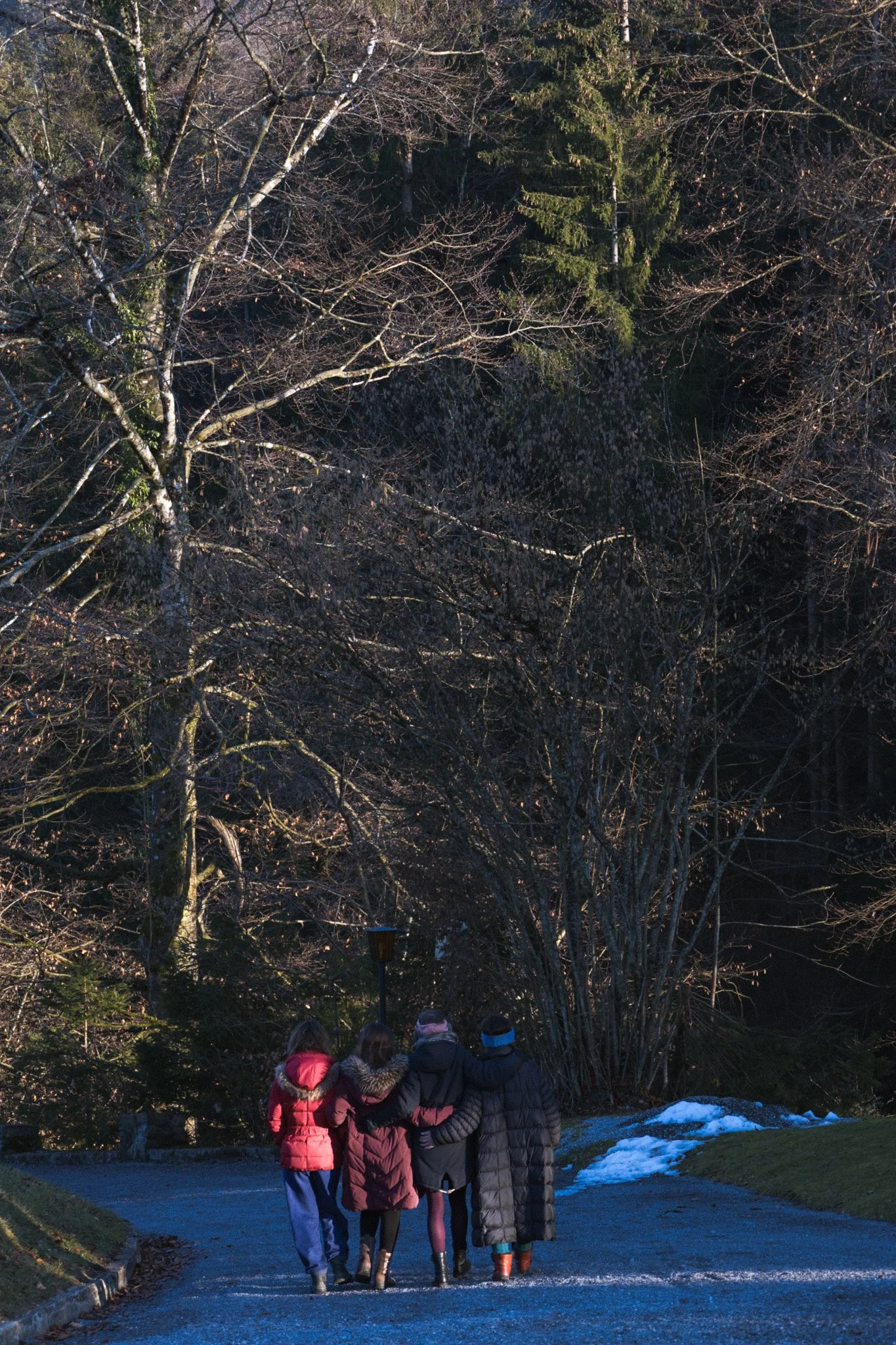 Four people walking together outdoors in winter, with snow patches on the ground and leafless trees in the background.