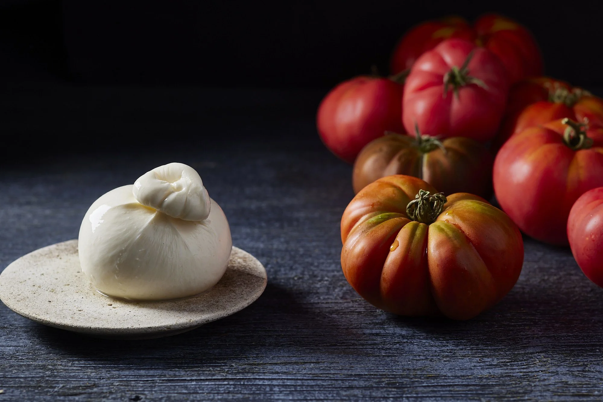 moody burrata with fresh tomatoes
