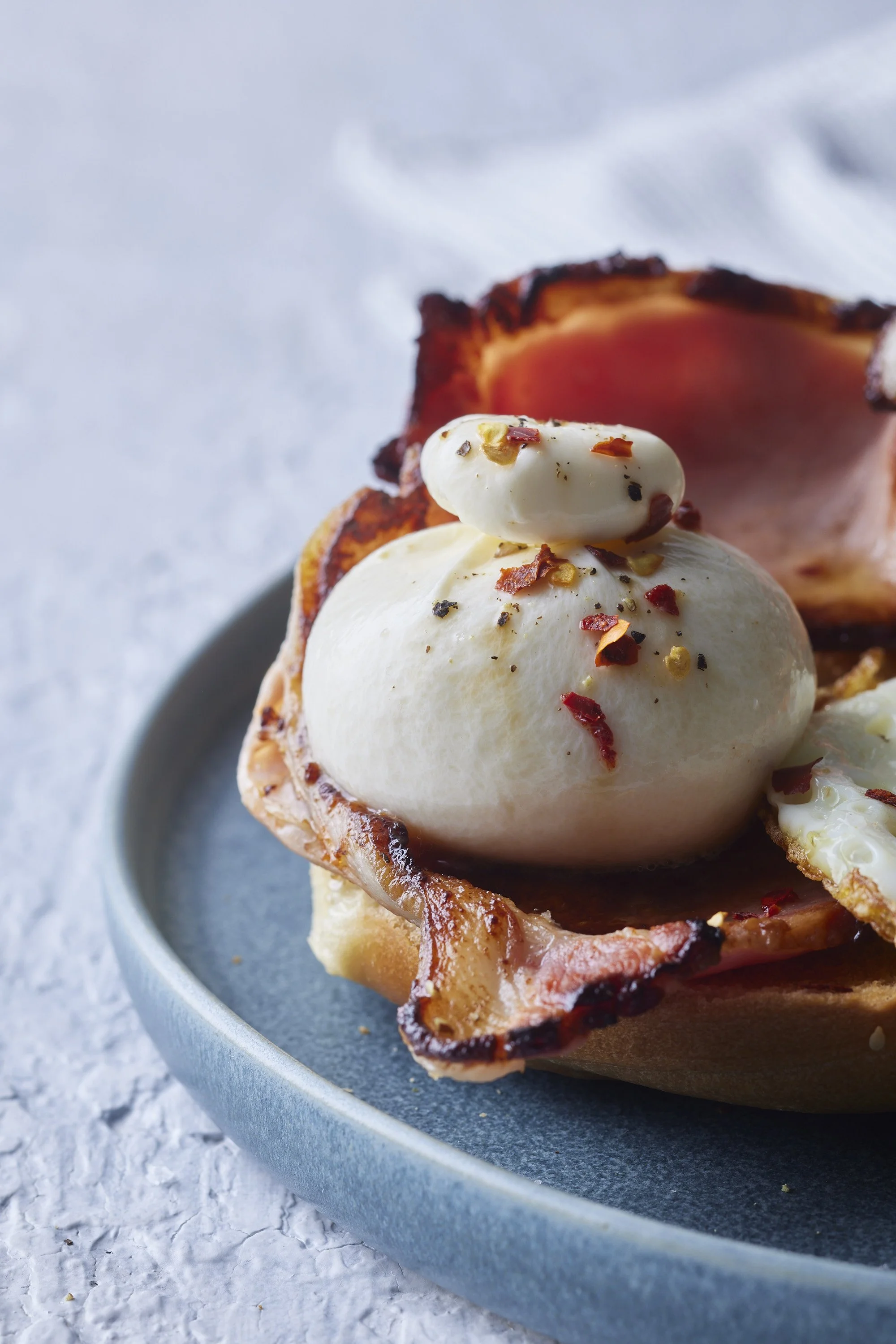 Burrata with bacon, breakfast