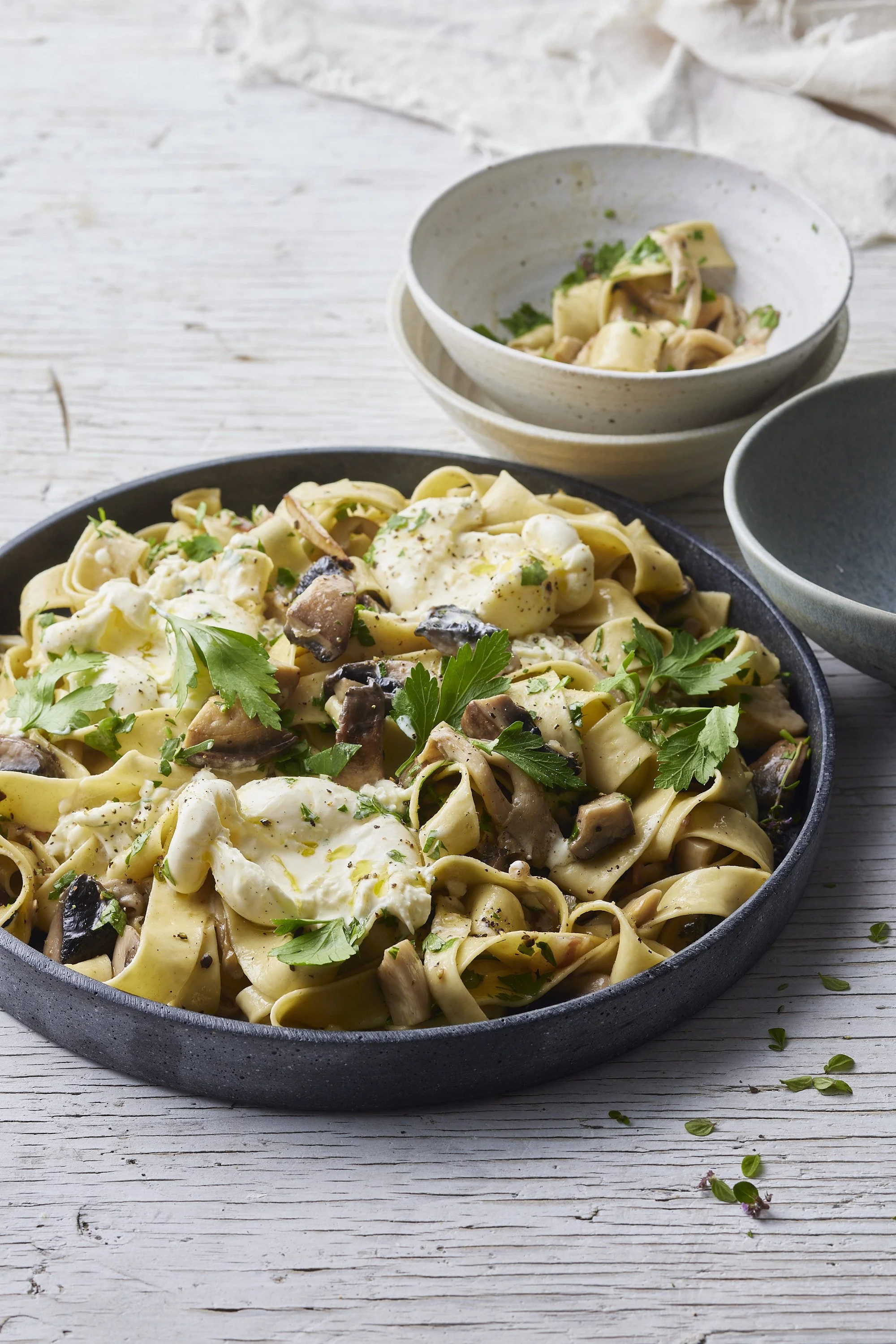 burrata and mushroom pappardelle pasta