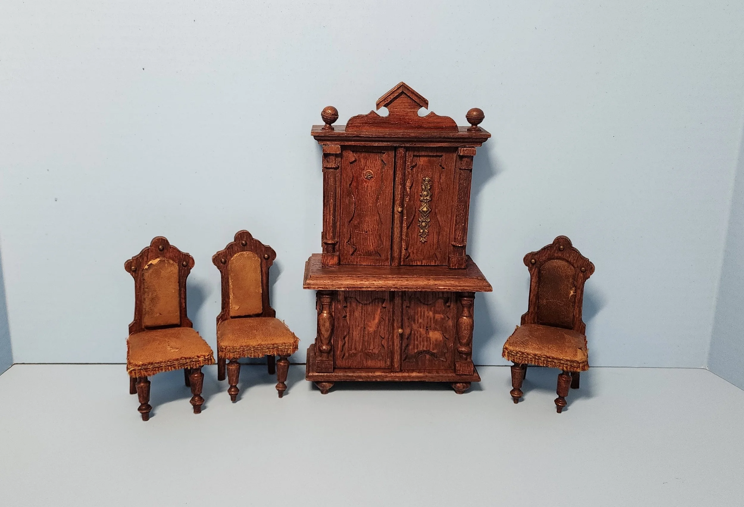 Antique Hutch and 3 Chairs with Leather Upholstery.  Item #294