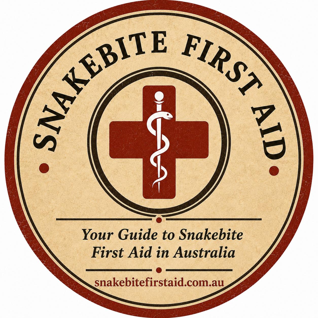 First aid guide for snakebite in Australia with a red cross, doctor symbol, and text explaining it's the first aid guide for snakebite in Australia.