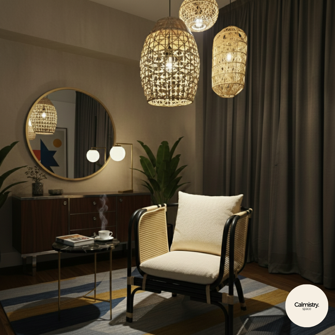 A rattan-backed armchair styled in a warm interior