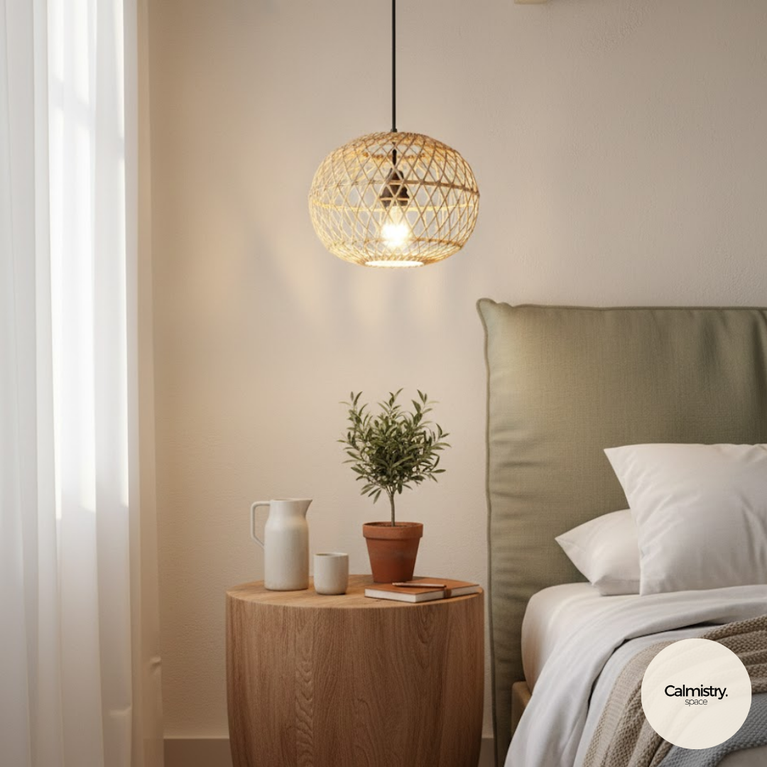 A woven rattan pendant shade hanging in an interior, casting soft patterned light