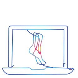 A laptop with a digital human foot extending from the screen, representing virtual or augmented reality footwear or digital healthcare technology.