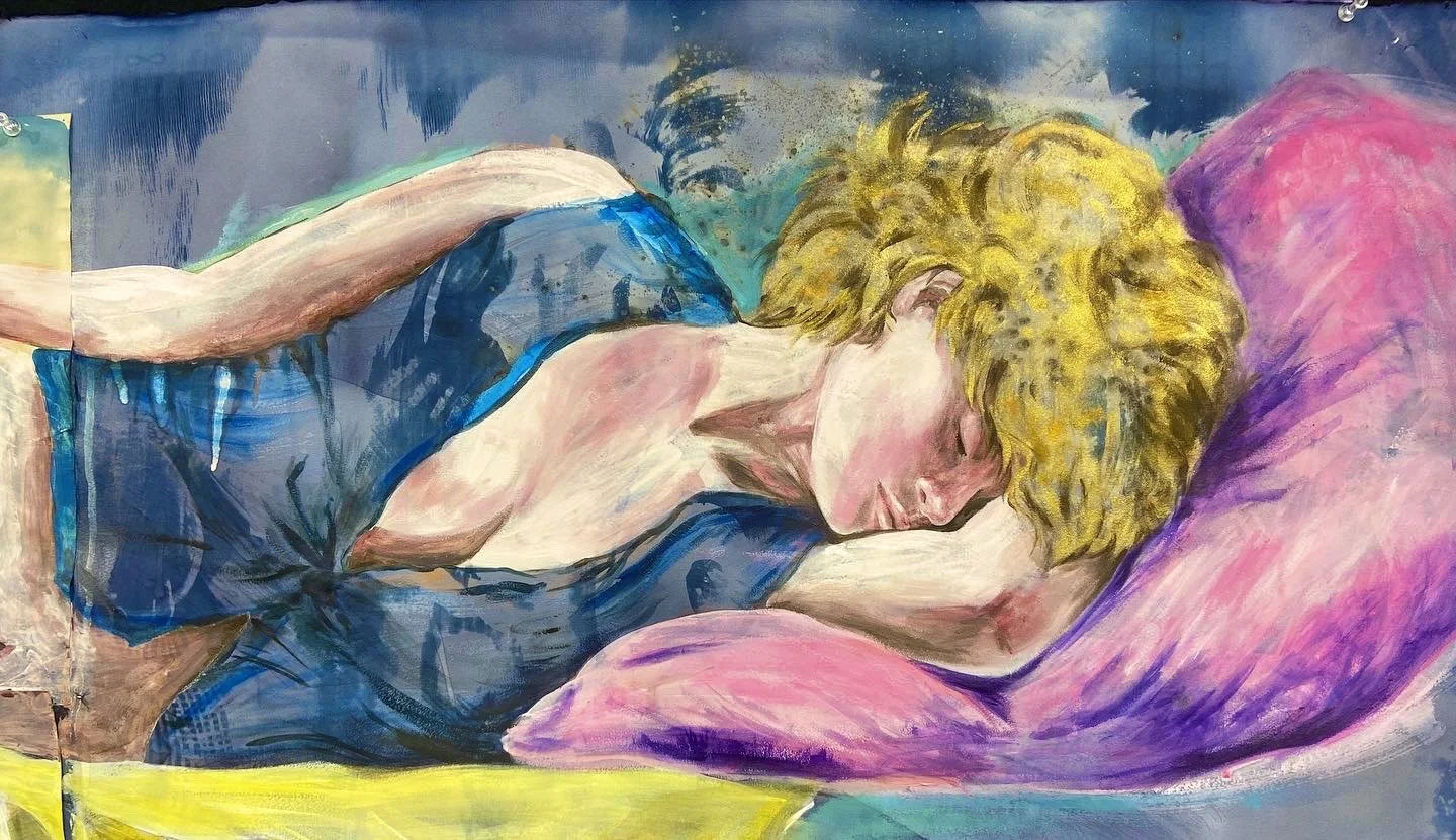 Detail shot from Maria’s painting of a blonde woman sleeping peacefully on a pink pillow
