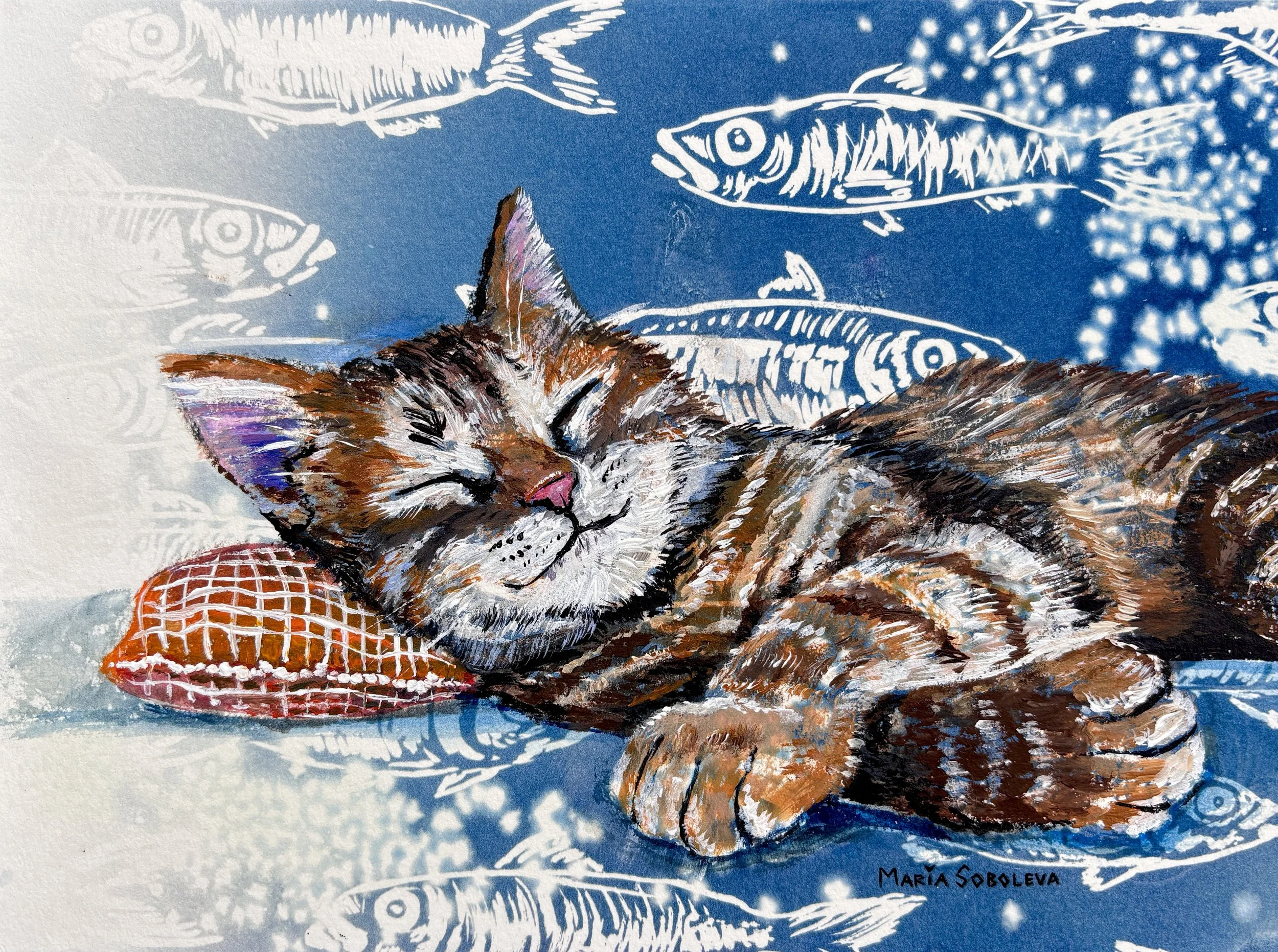 Kitten sleeping happily on pillow surrounded by a dreamy landscape of sardines