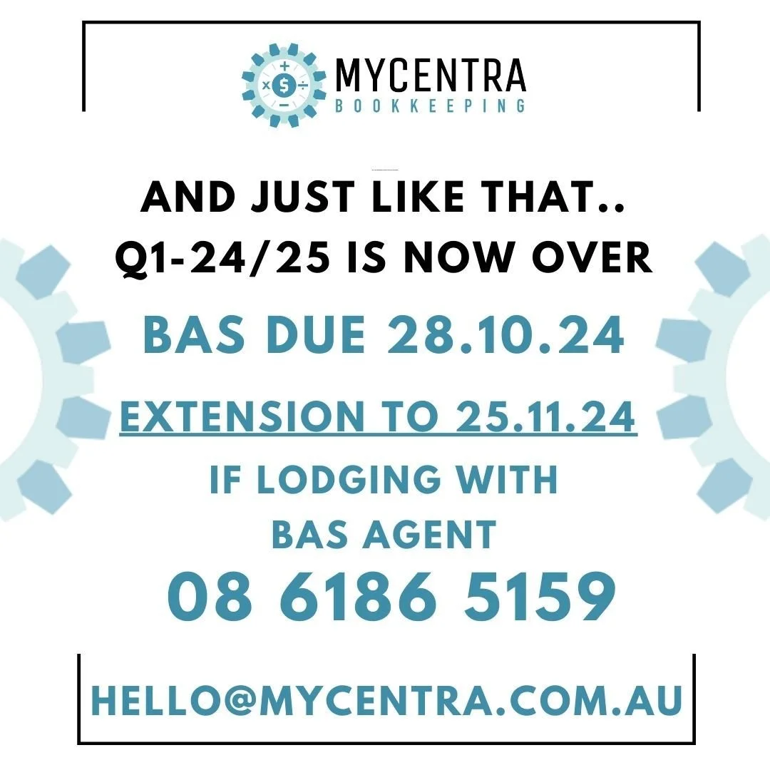 We are now into Q2 of the 24/25 FY..
Can you believe it? 
BAS Due 28.10.24, Extension if you are lodging online through BAS Agent
please DM  for any further info.
#smallbusiness #perthsmallbiz
#bookkeeper #bookkeepingservice
#bookkeeping101 #numbe