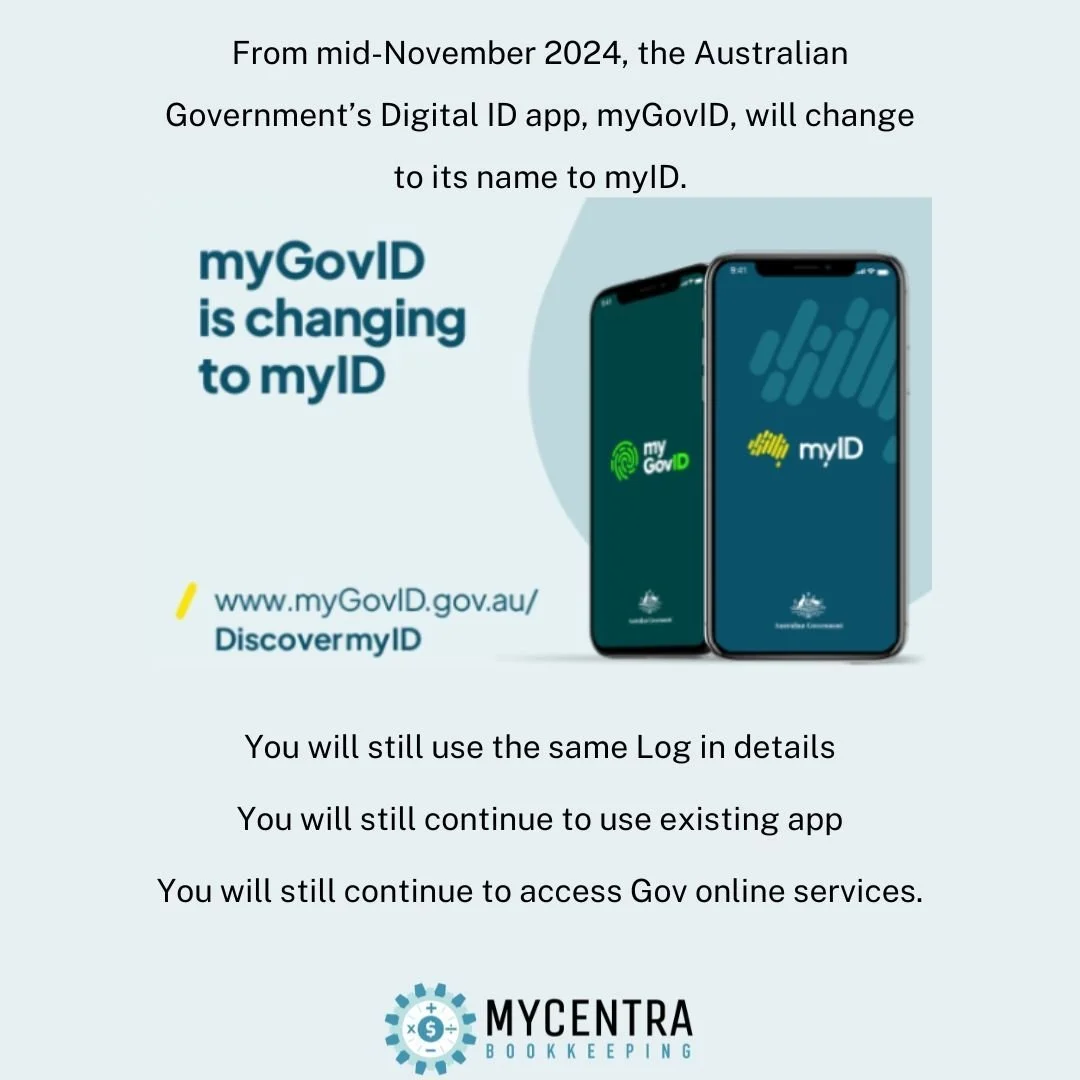 Next month - Nov 2024
myGovID is changing to myID
You will still have access, as before. 
No need to download a new app
#smallbusiness #perthsmallbiz
#bookkeeper #bookkeepingservice
#bookkeeping101 #numbers101
#perthlocal #perthbookkeeper
#certifie