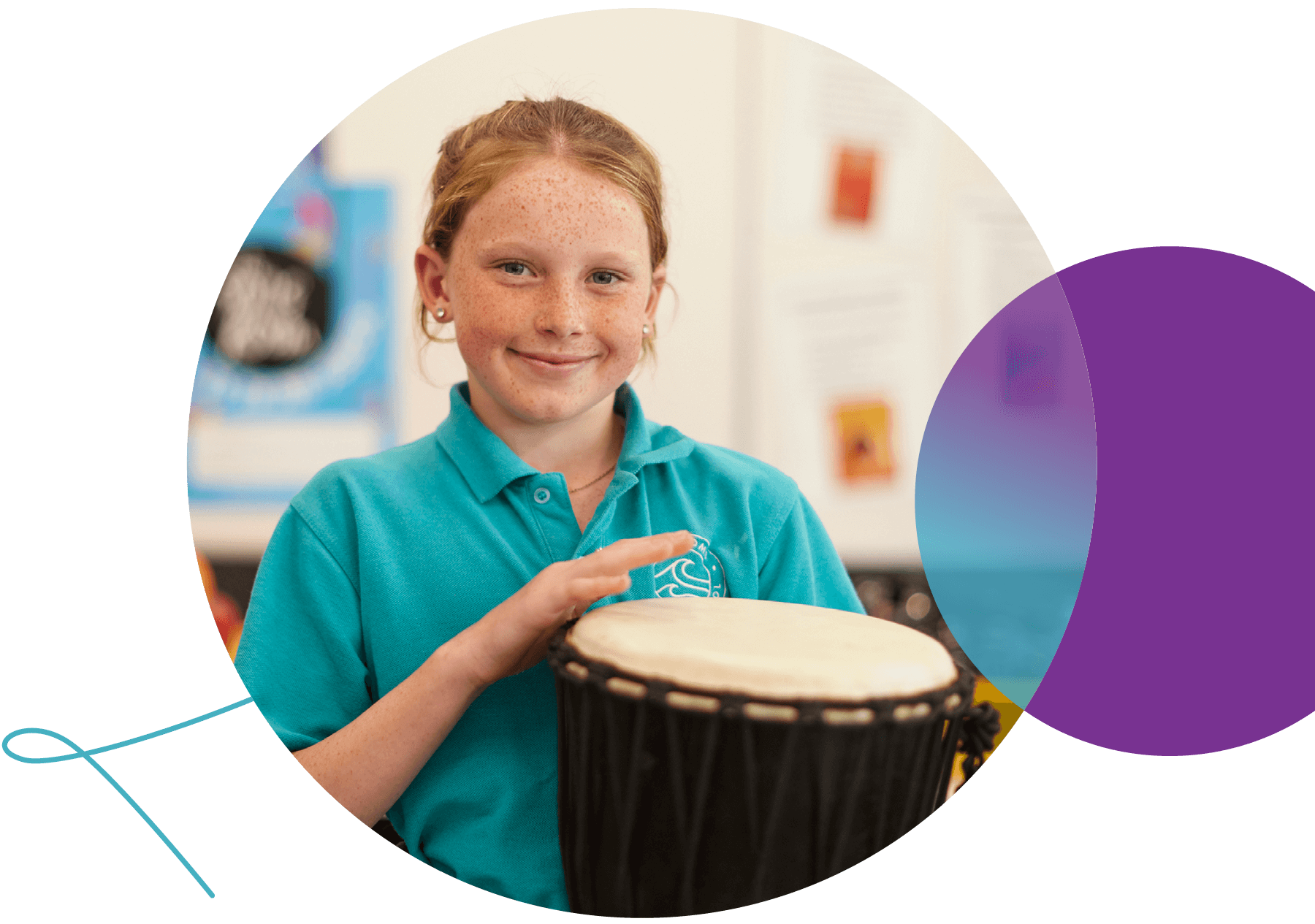 Female school student playing bongo drums