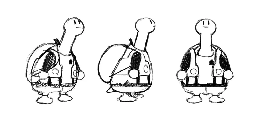 Black and white sketch of a cartoon character in a space suit seen from three angles: front, side, and back.