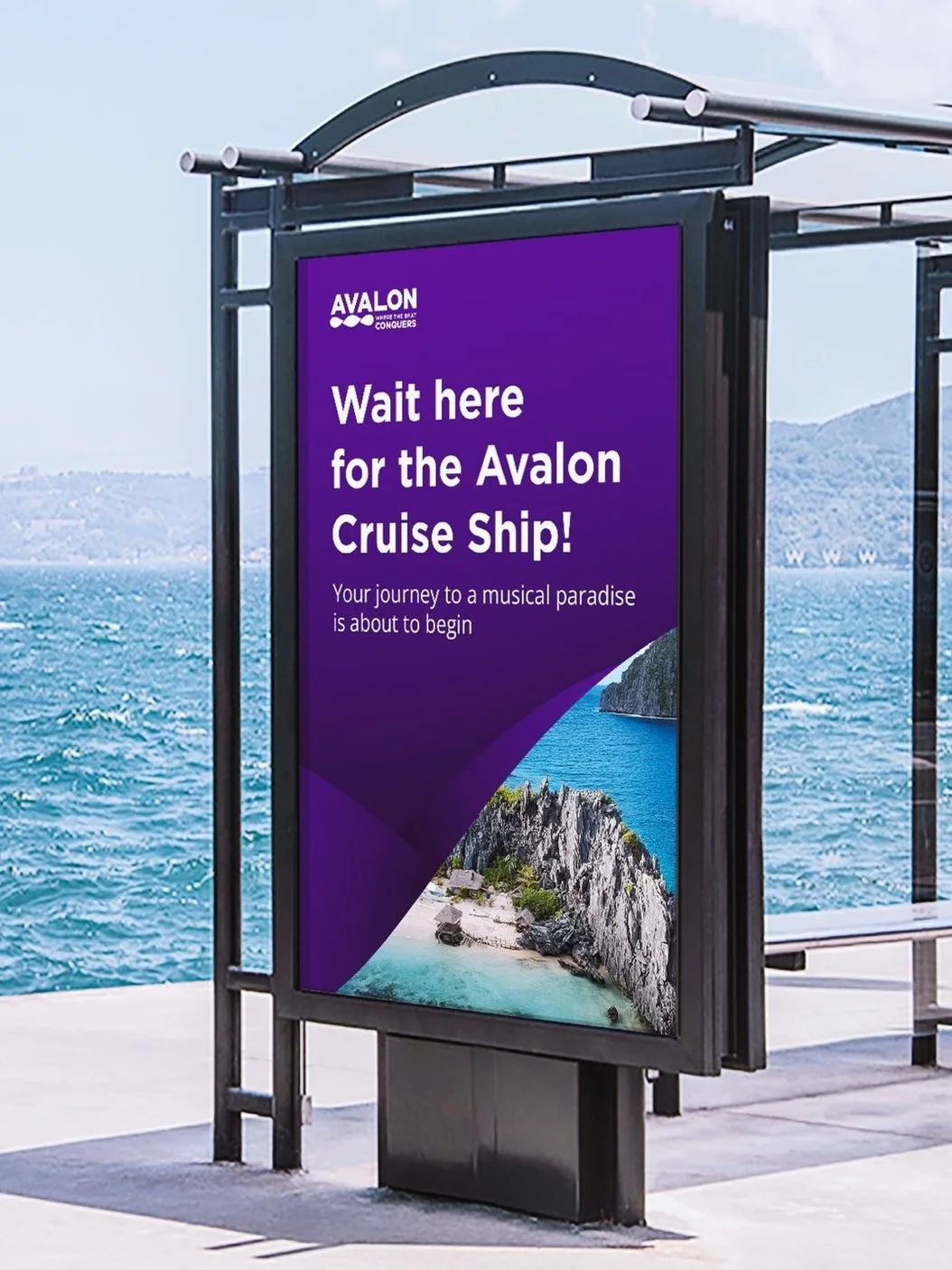 Advertisement for Avalon Cruise Ship at oceanfront location with scenic landscape in background.