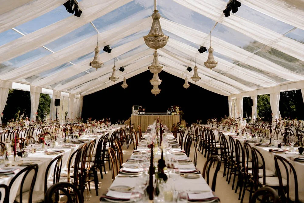 36-metre clear-span marquee at private Cotswolds estate wedding — Rebecca Valentine Design