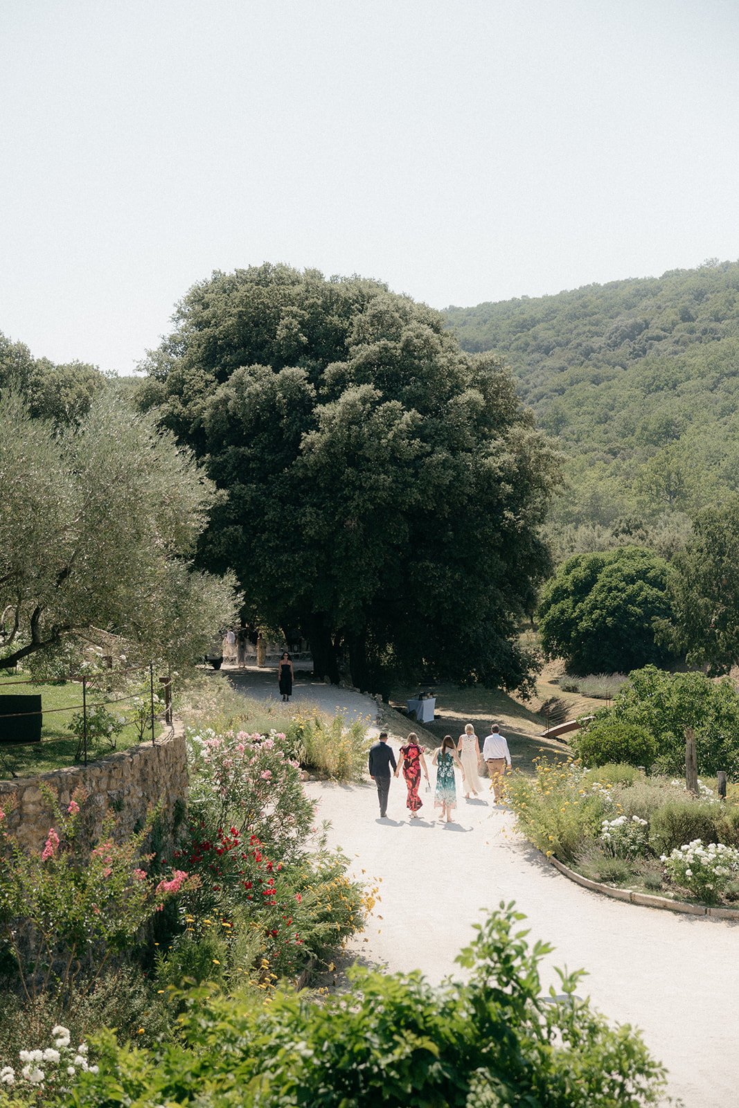 Group of people walking on a garden path surrounded by greenery and colorful flowers, with large trees and hills in the background.