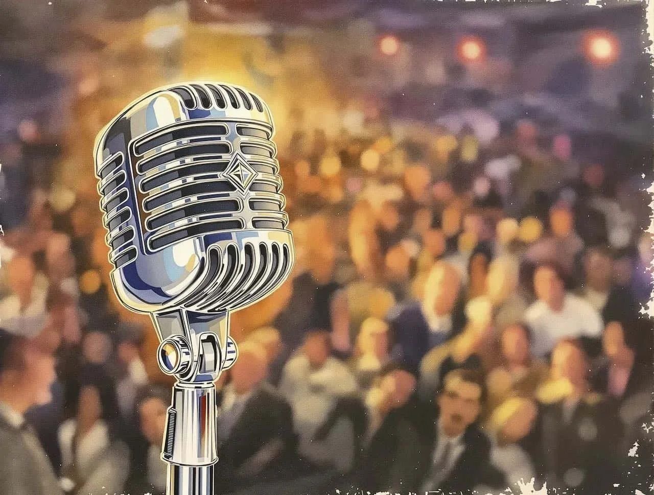 microphone in front of a large audience