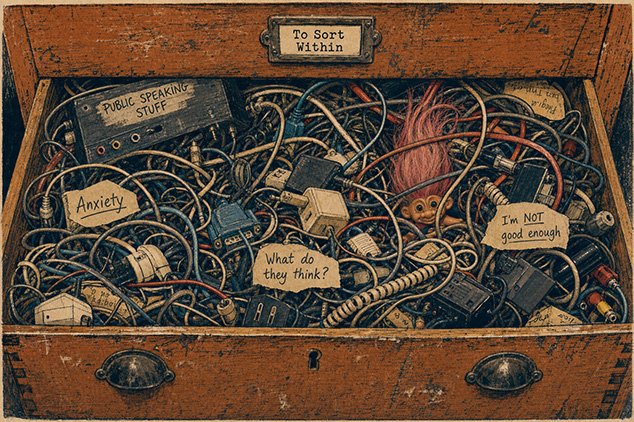 a drawer full of the tangle we make of public speaking, image of leads and plugs etc