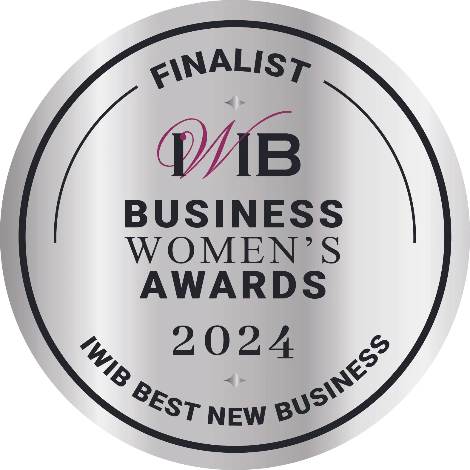 Silver badge with black and purple text that reads 'Finalist WIB Business Women's Awards 2024, Influential Best New Business'.