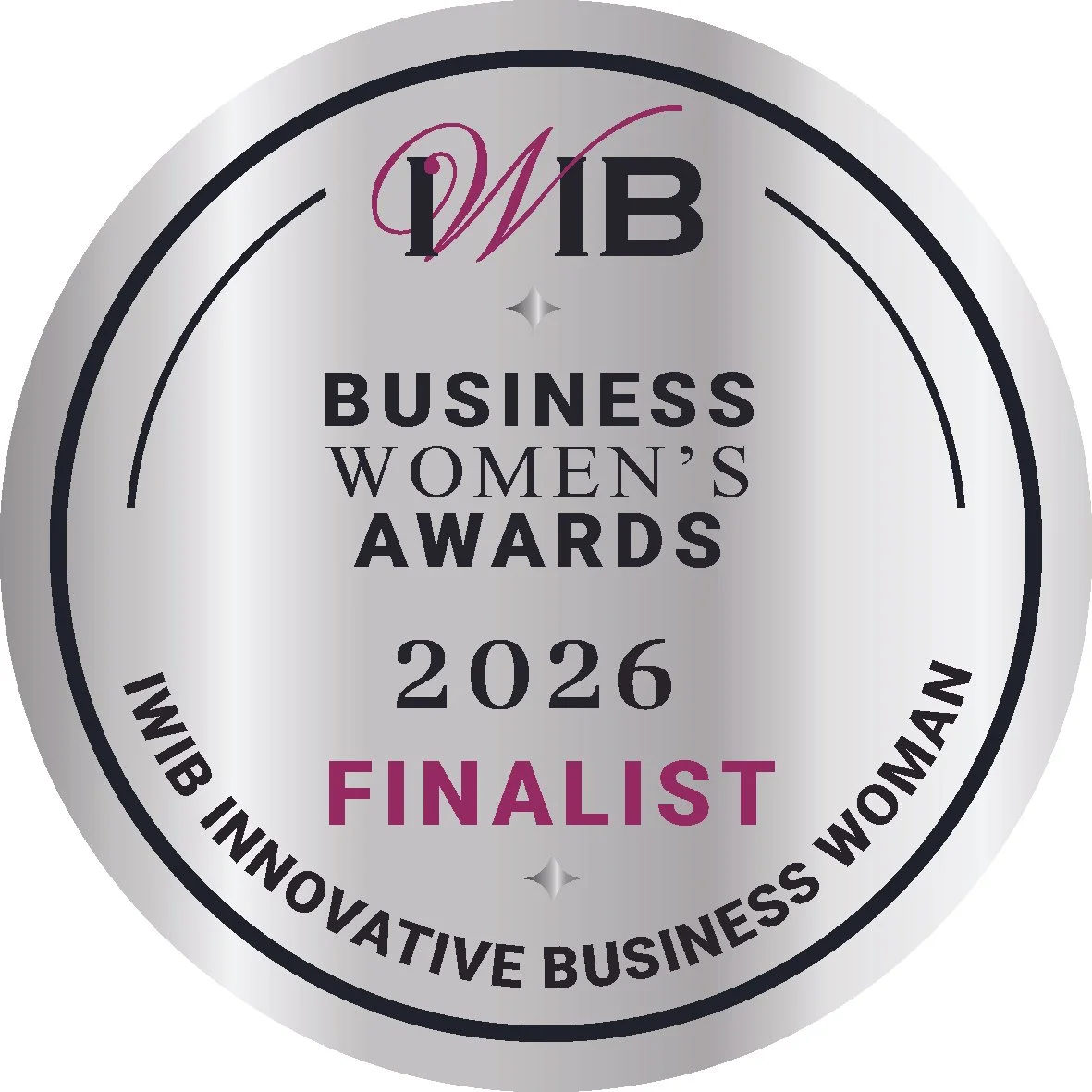 Silver circular badge with black and purple text, reading 'WIB Business Women's Awards 2026 Finalist, IWIB Innovative Business Woman'.