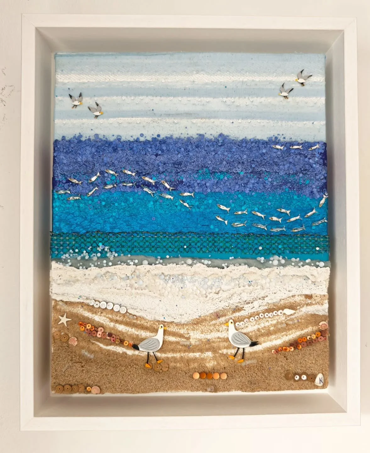 Silver Tide 🐟

Inspired by shimmering shoals of mackerel 
beneath the tide, this piece captures the movement, light, and rhythm of the sea.

#BeachInspired #MixedMediaArt #OceanArt #SilverLeaf #TexturedArt