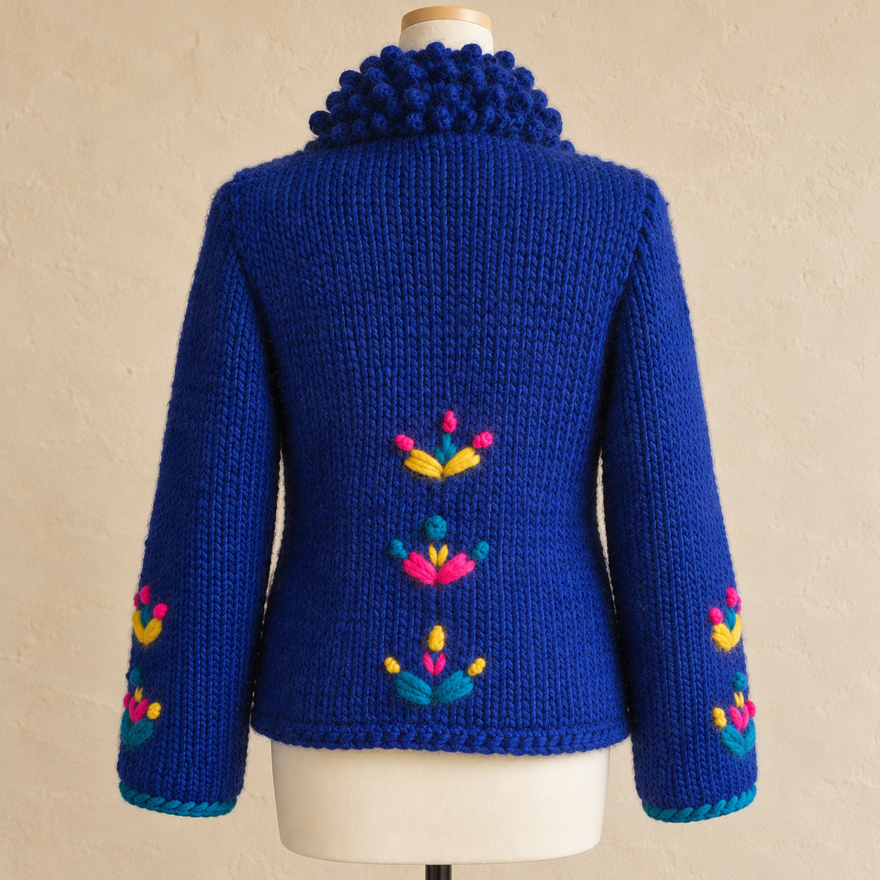 Handgestrickte blaue Blumen-Cardigan-Rückansicht.png