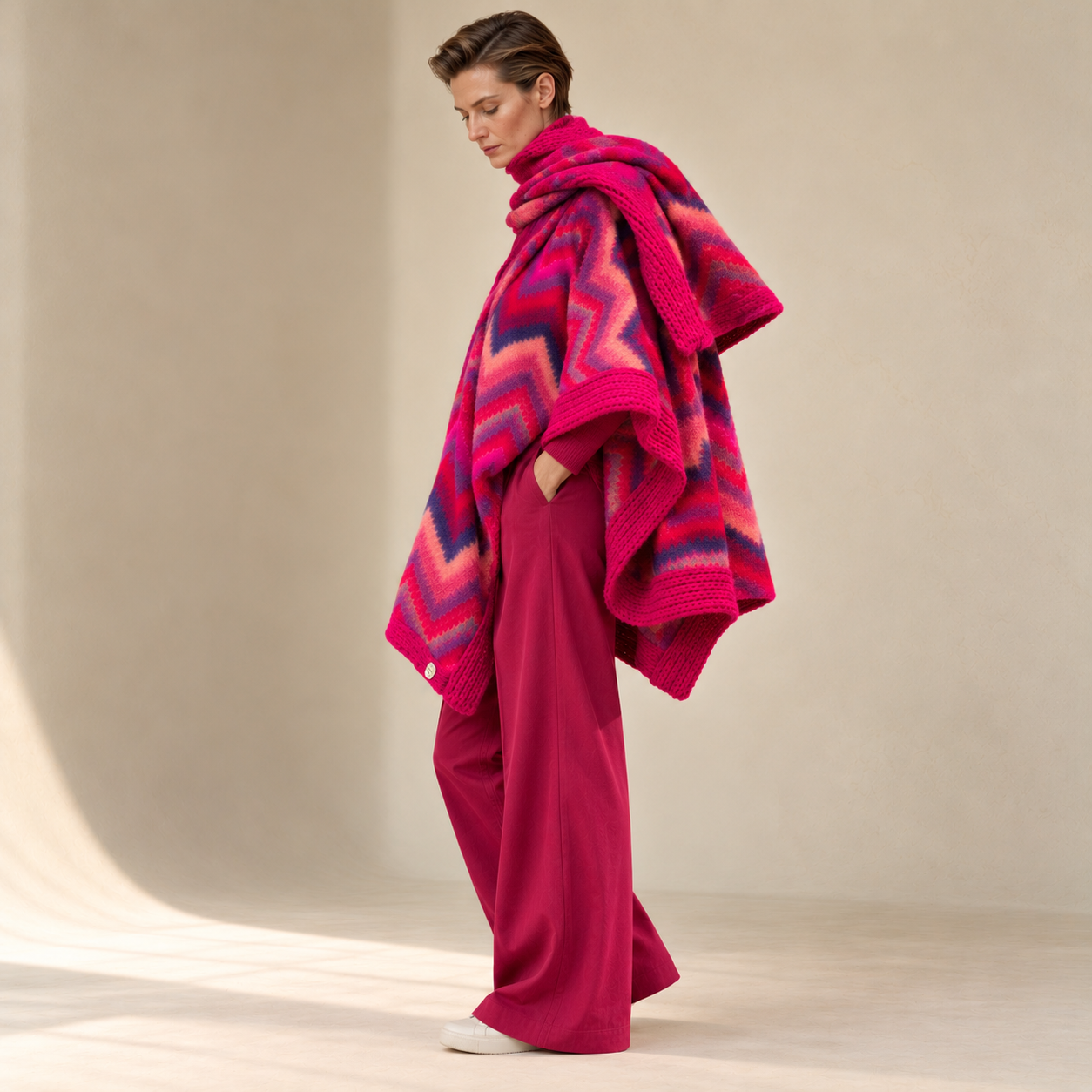 Editoriales Porträt im pinken Strickcape.png