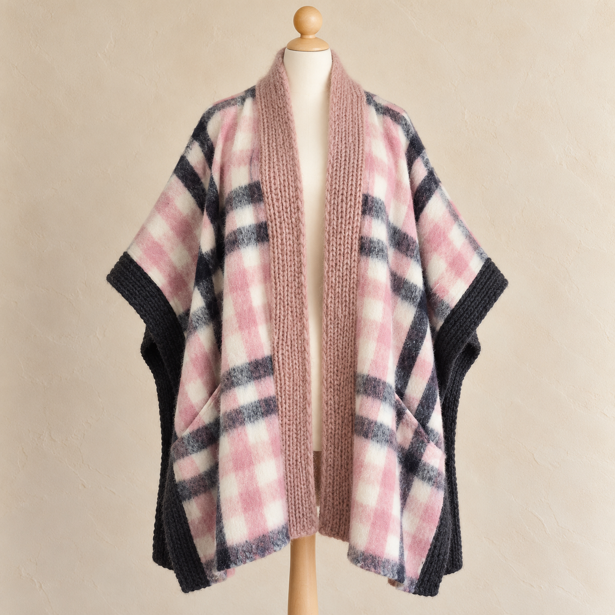 Flauschiger karierter Wollponcho am Mannequin.png