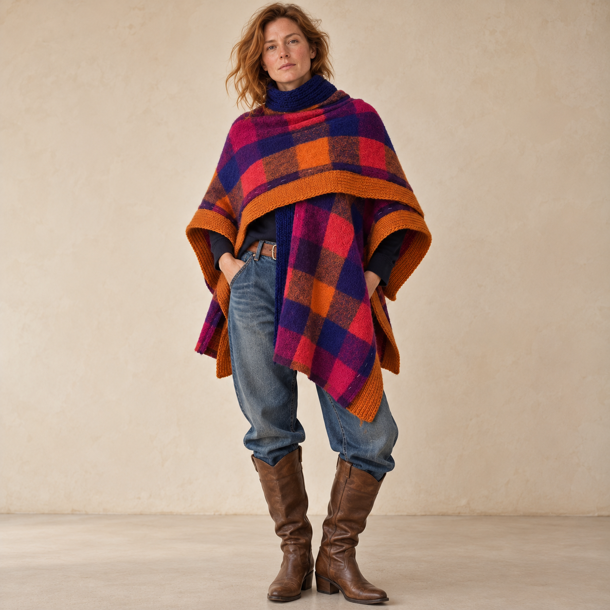 Rustikaler Poncho-Look im Studiolicht.png