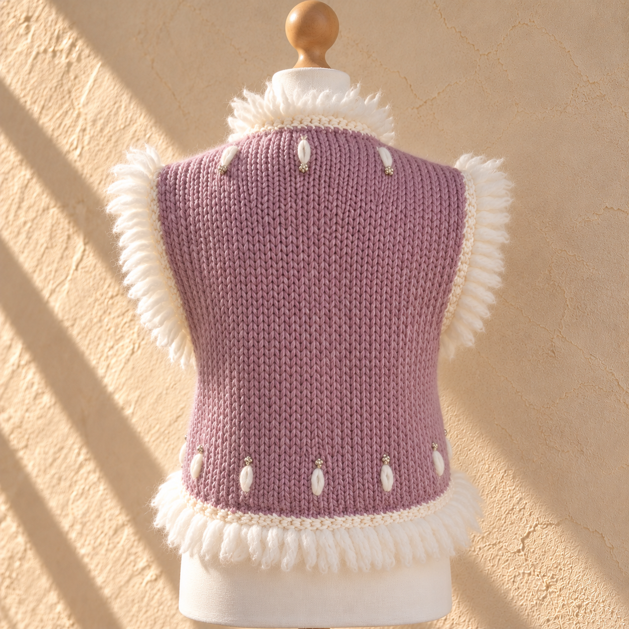 Handgestrickte Weste am Schneiderpuppenrücken.png