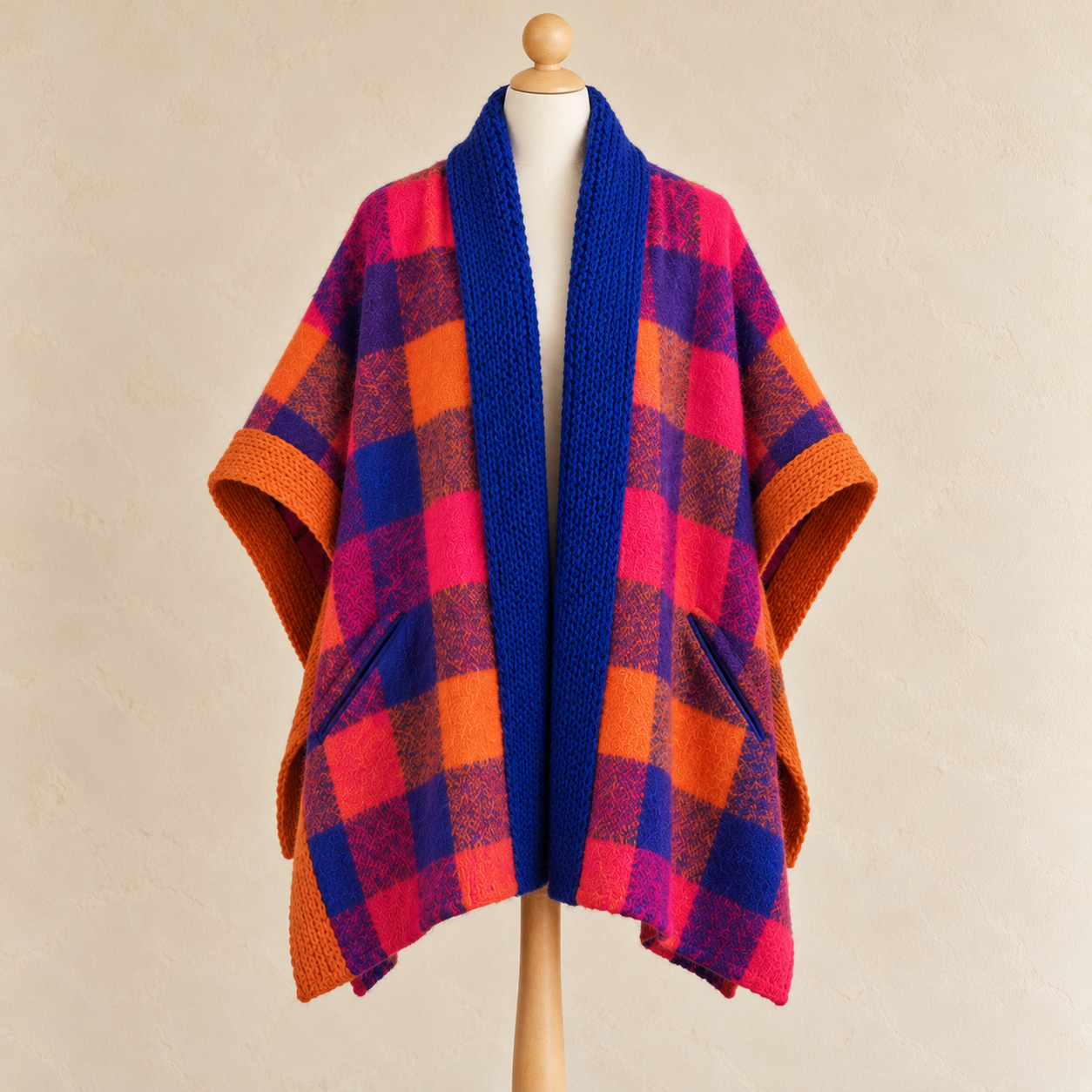 Bunte karierte Wollponcho auf Schneiderpuppe.png