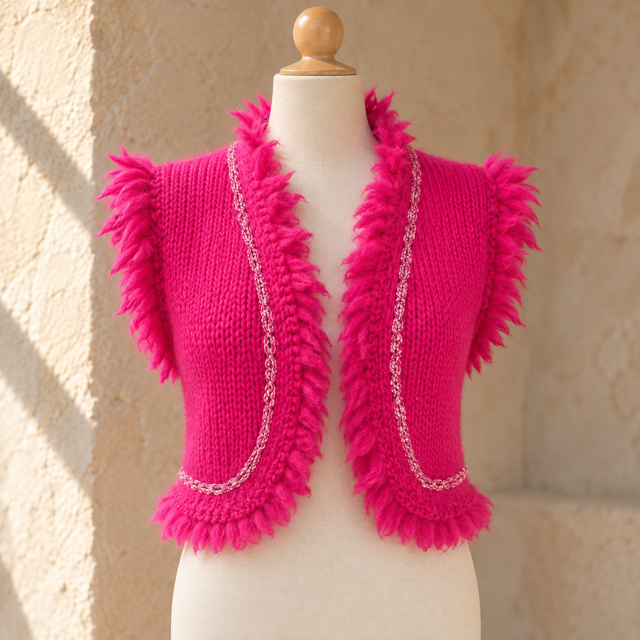 Fuchsia Strickweste am Schneiderbüstenkörper.png