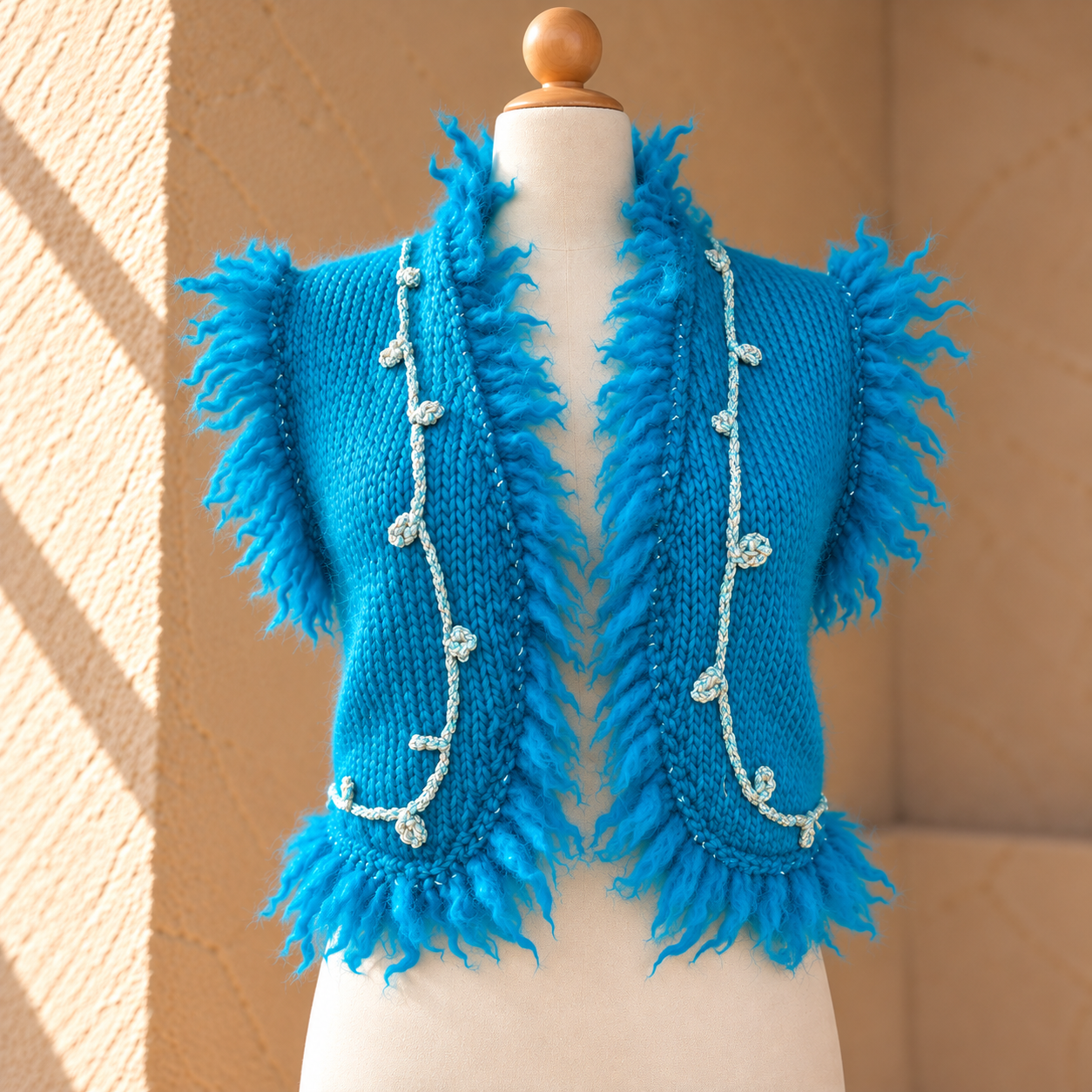 Türkisblauer Fransen-Strickponcho am Schneiderpuppenständer.png