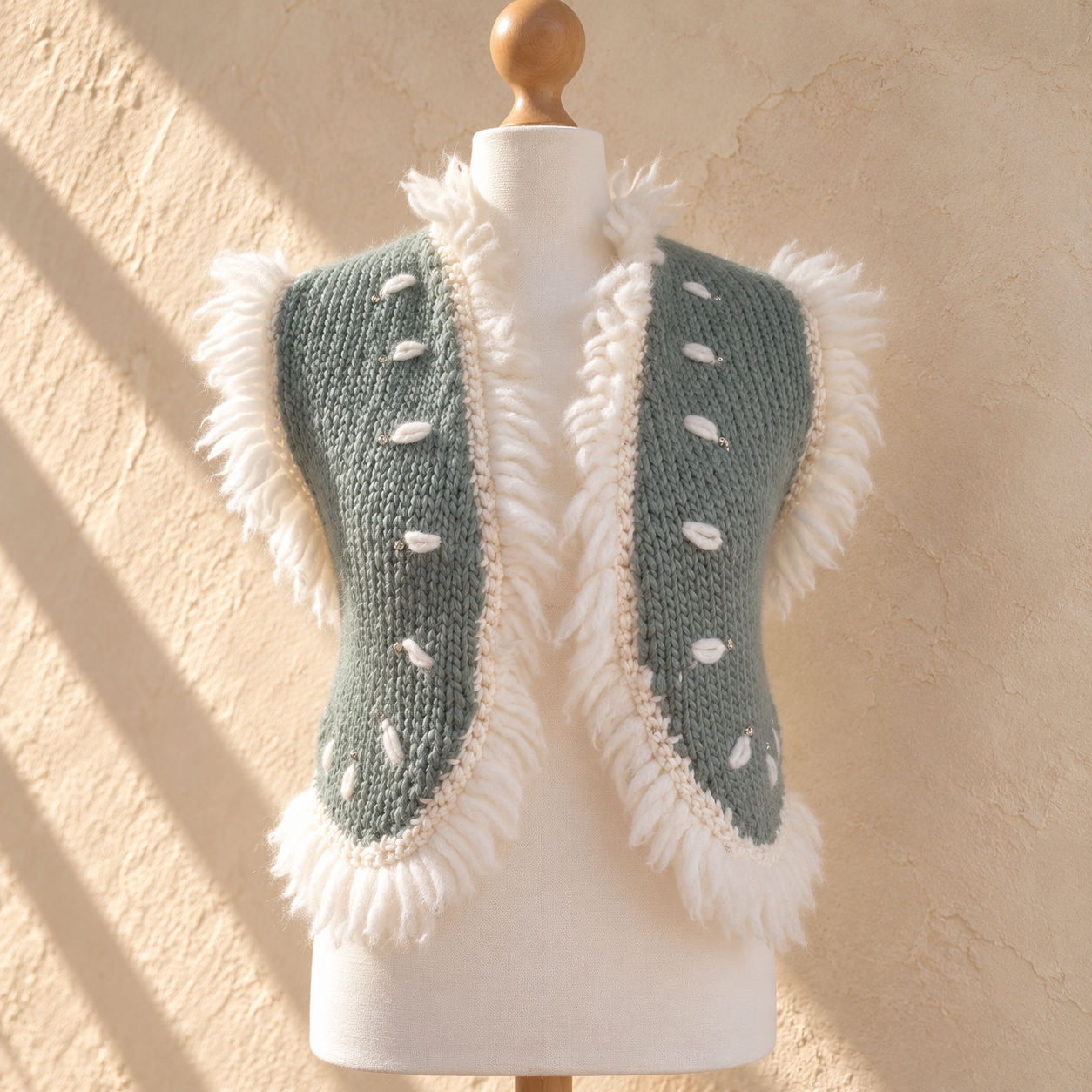 Handgestrickte Wollweste im Sonnenlicht.png