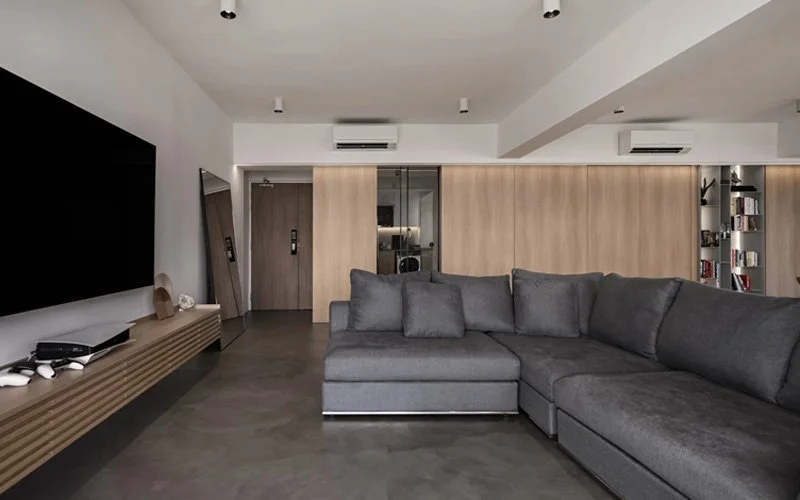 Minimalist living room with gray sofa and TV.