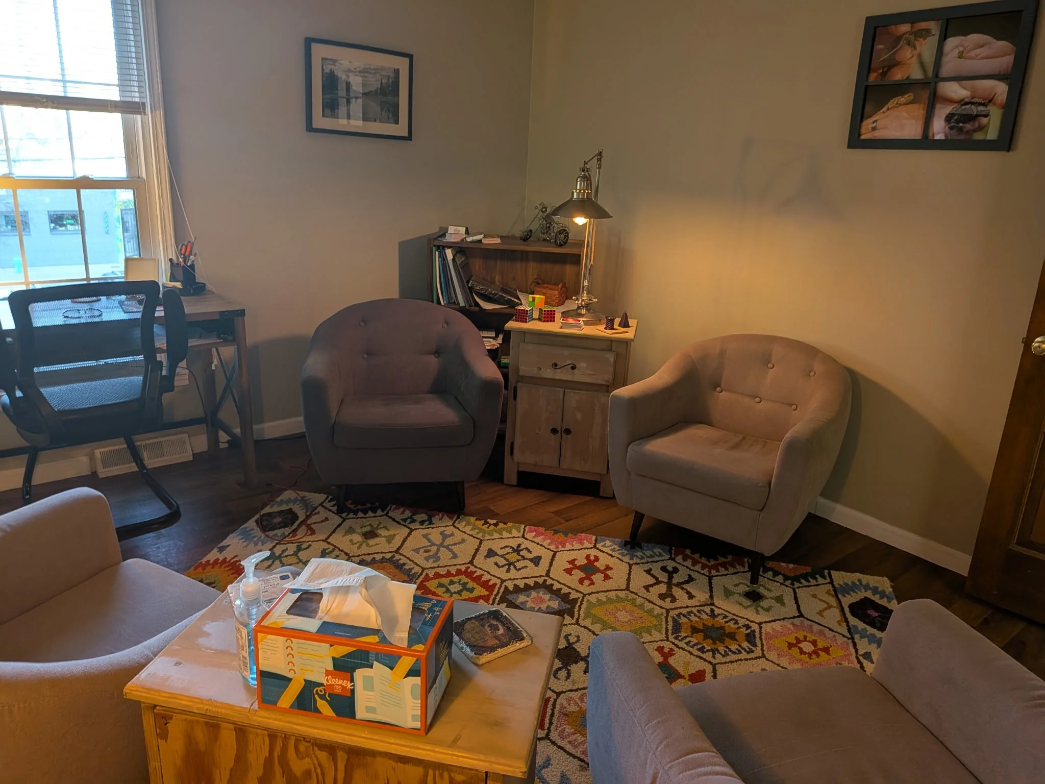 Therapy office, armchairs, a gray armchair, a wooden coffee table with tissues, hand sanitizer, and a box of tissues, a colorful patterned area rug, a window with blinds, a small desk with a chair, a picture on the wall, and a bookshelf with various