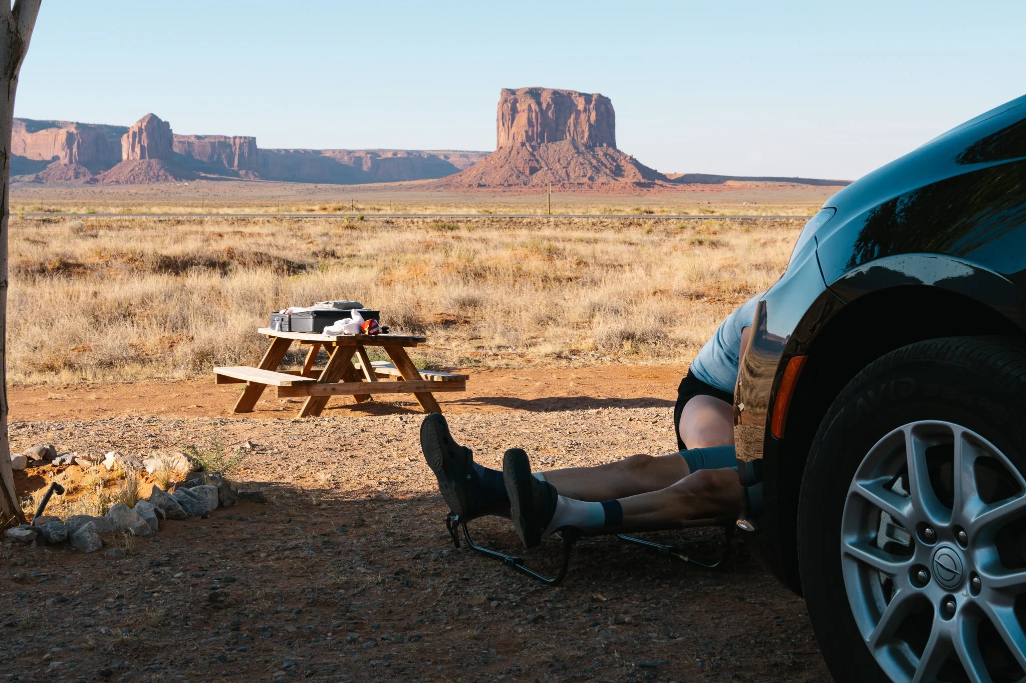 Recovery in the desert: a few stolen minutes of physio under the buttes of Monument Valley.