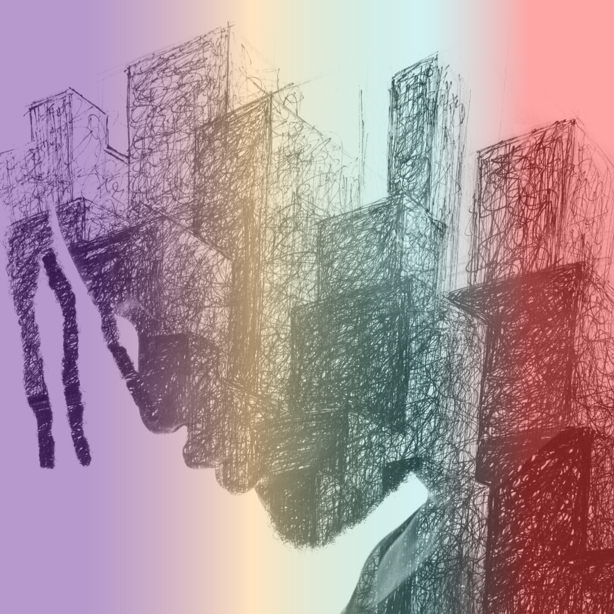 A colorful abstract sketch of a city skyline with tall buildings, overlaid with a rainbow gradient background.