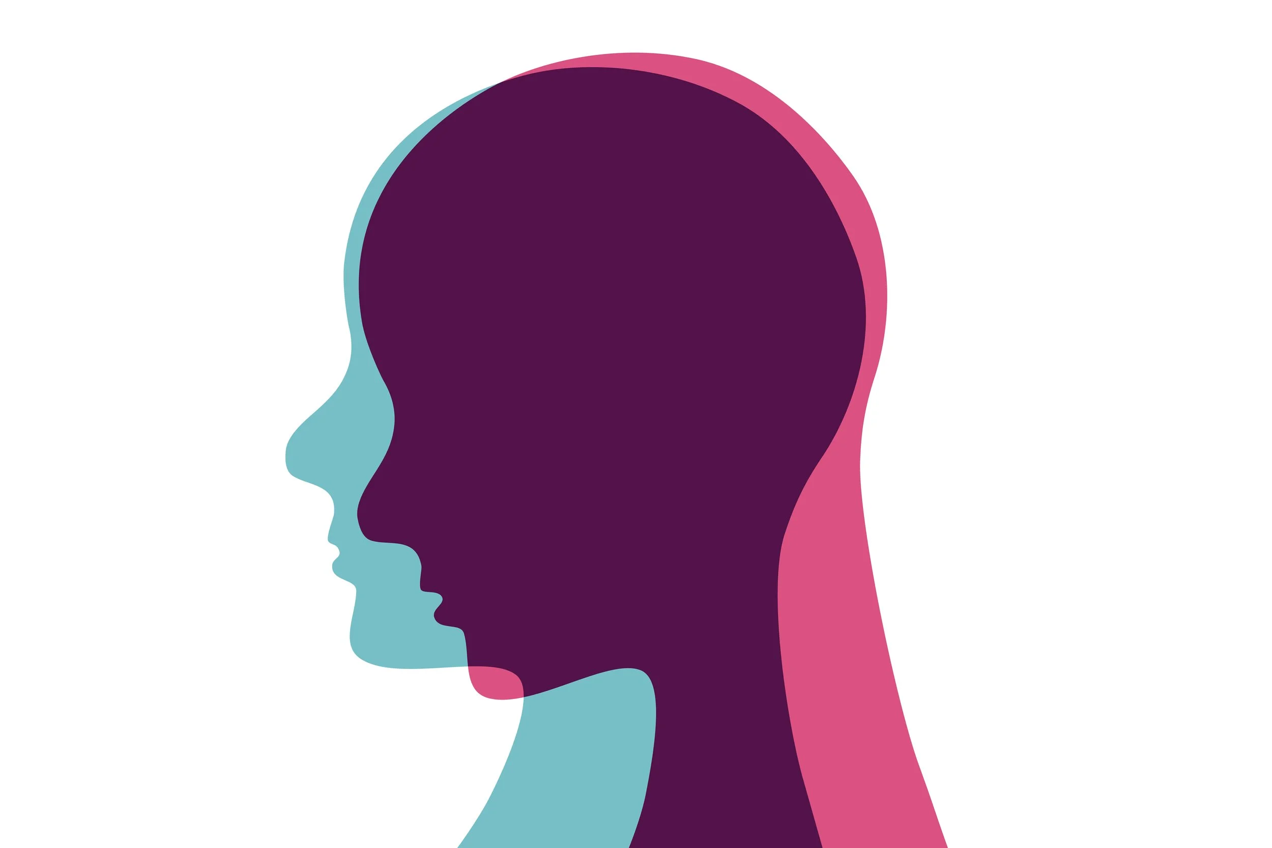 Overlapping silhouettes of three female profiles in blue, purple, and pink on a white background.