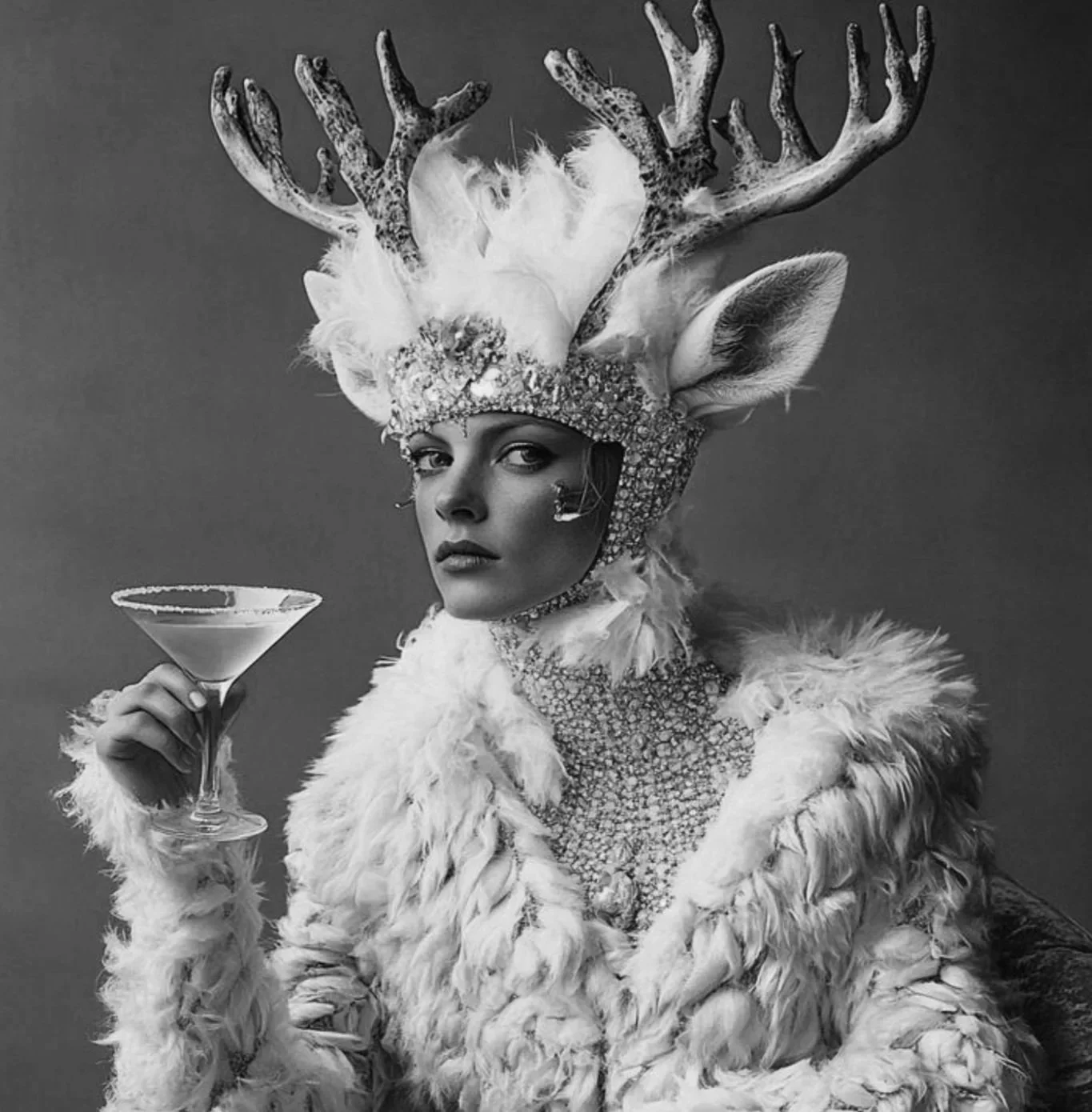 Woman in a wintery fur and jewels with an antler headdress