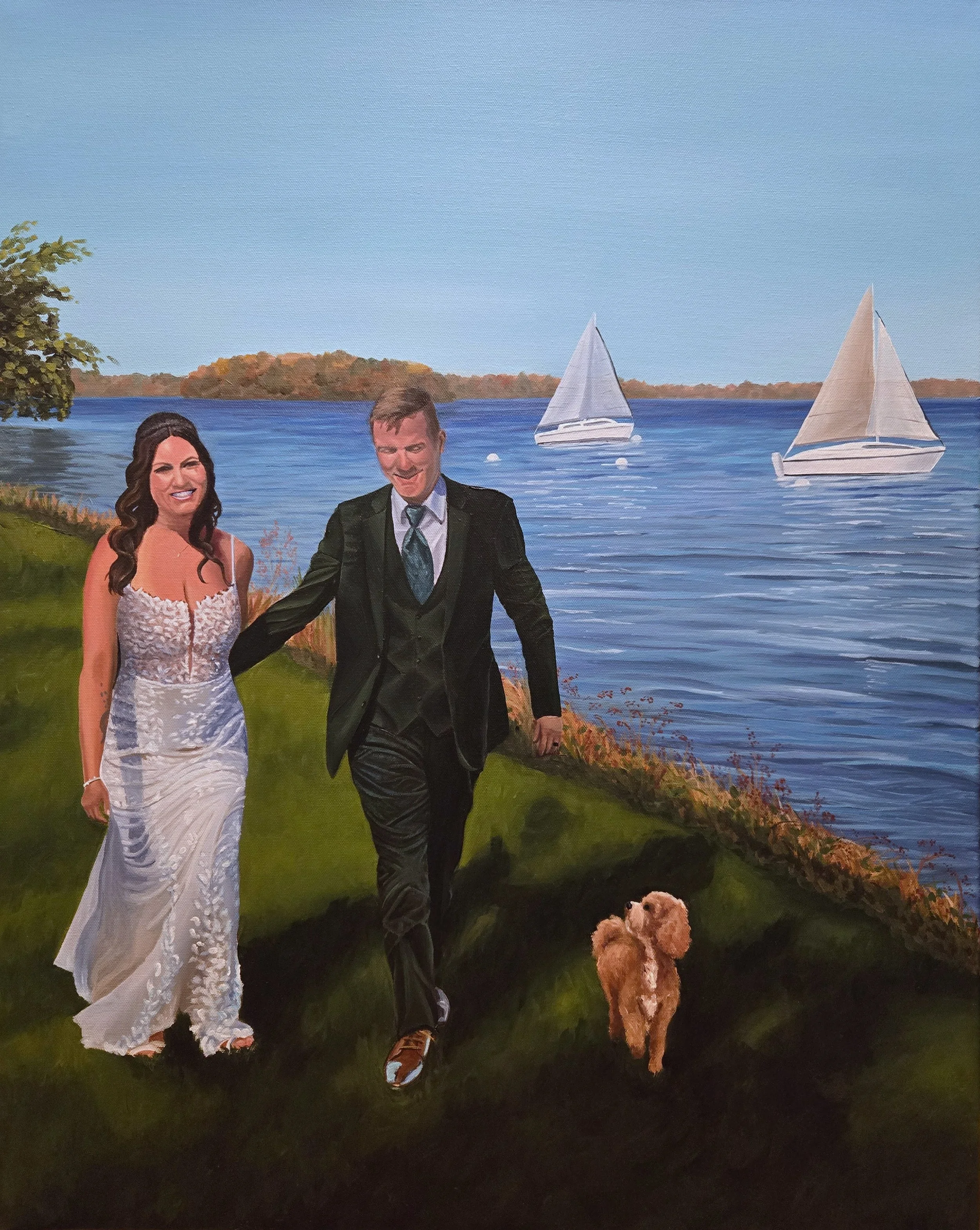 2025 live wedding painting - Lauren and Jon walking by Lake Minnetonka with their dog on their wedding day in Excelsior, MN 