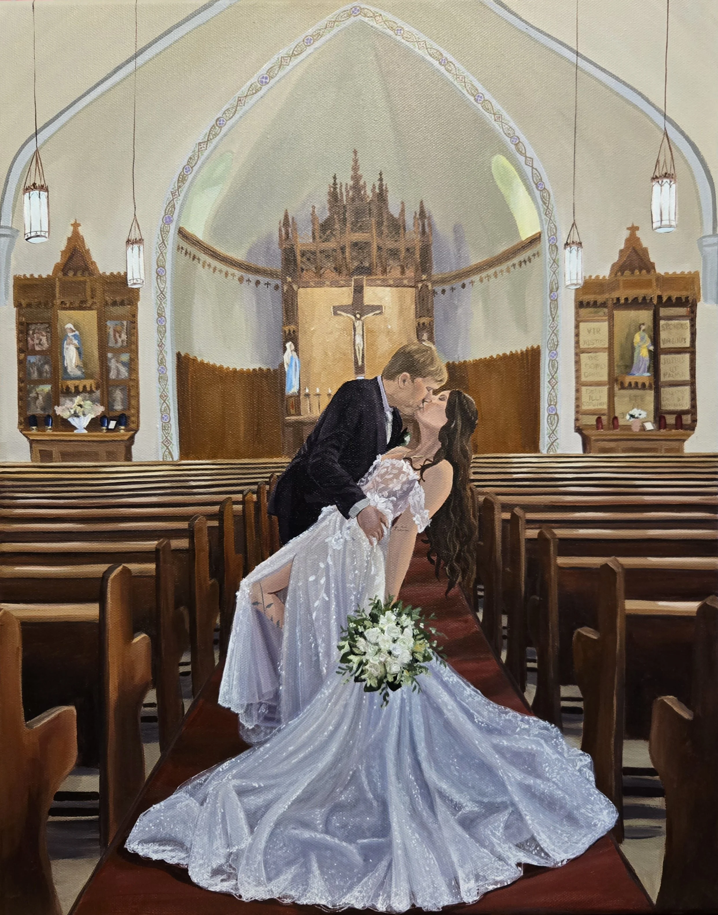 2025 Live wedding painting - Allison and Thomas dip kiss in the aisle of the church before their wedding ceremony