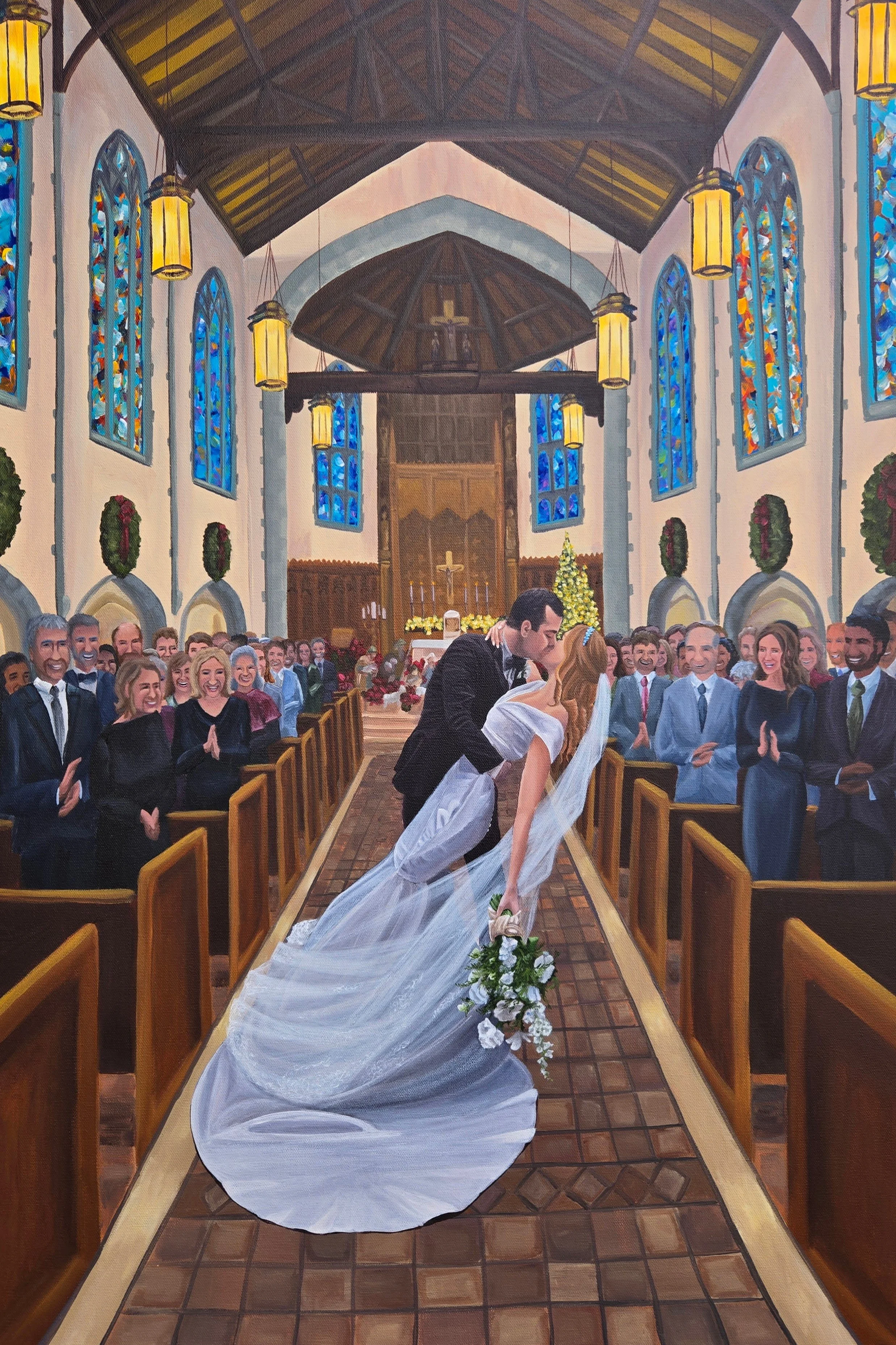 2026 Live Wedding Painting - Katie and Alex dip kiss in the aisle during their wedding ceremony at Nativity of Our Lord Church in St. Paul, Minnesota