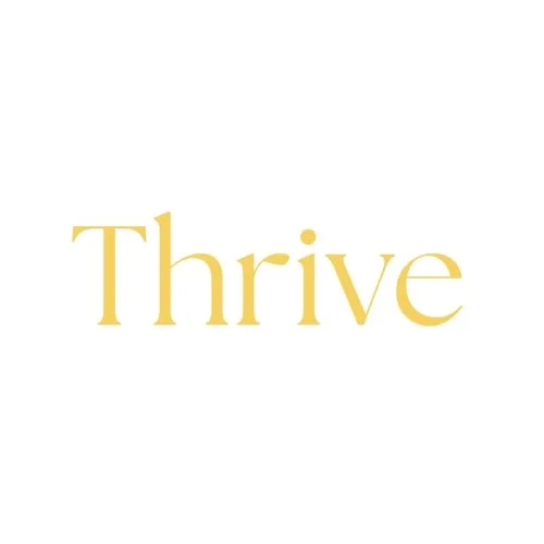 The word 'Thrive' written in large, gold-colored font on a white background.