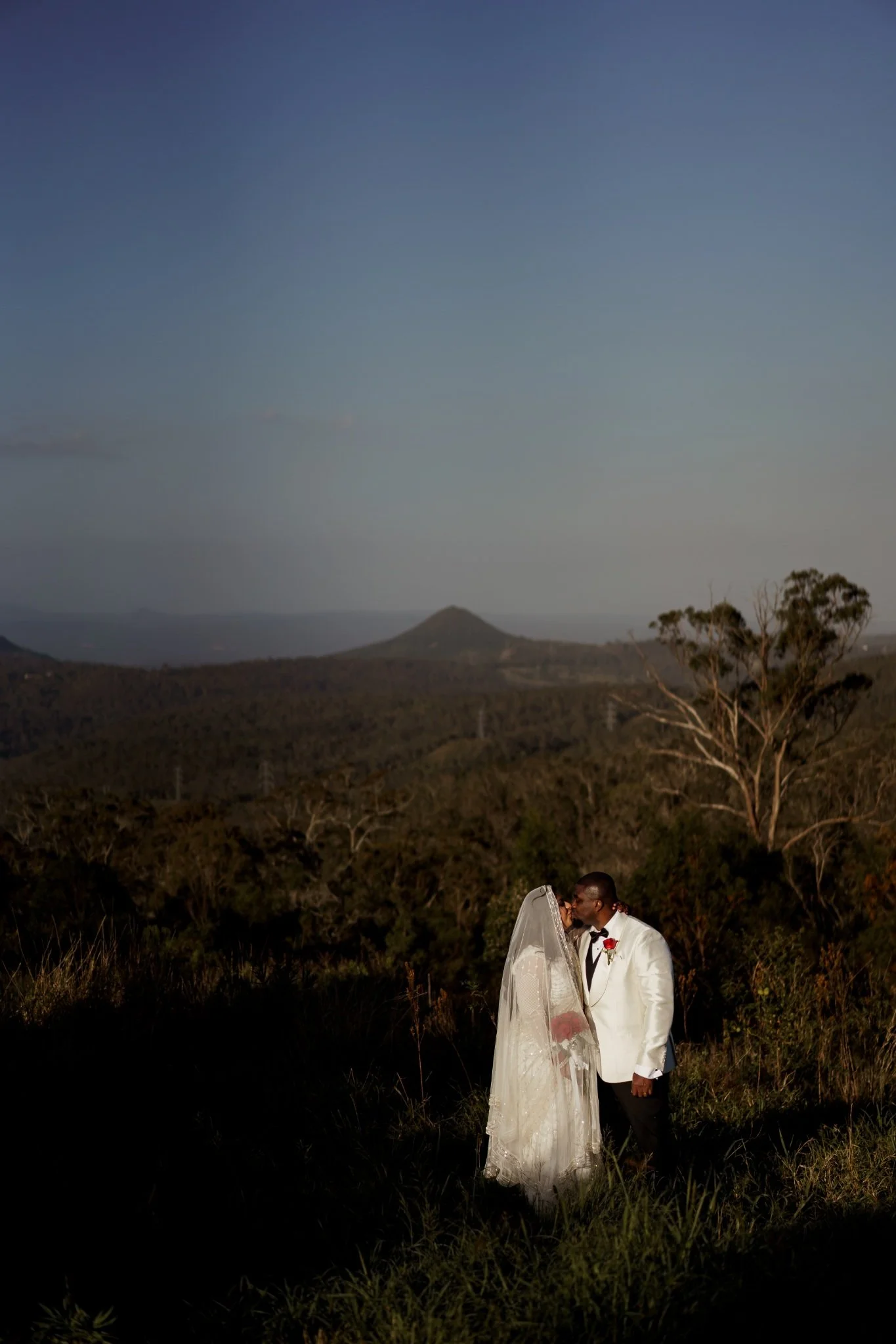 A bride and groom kiss outdoors during sunset with a tree, mountains, and a blue sky in the background.